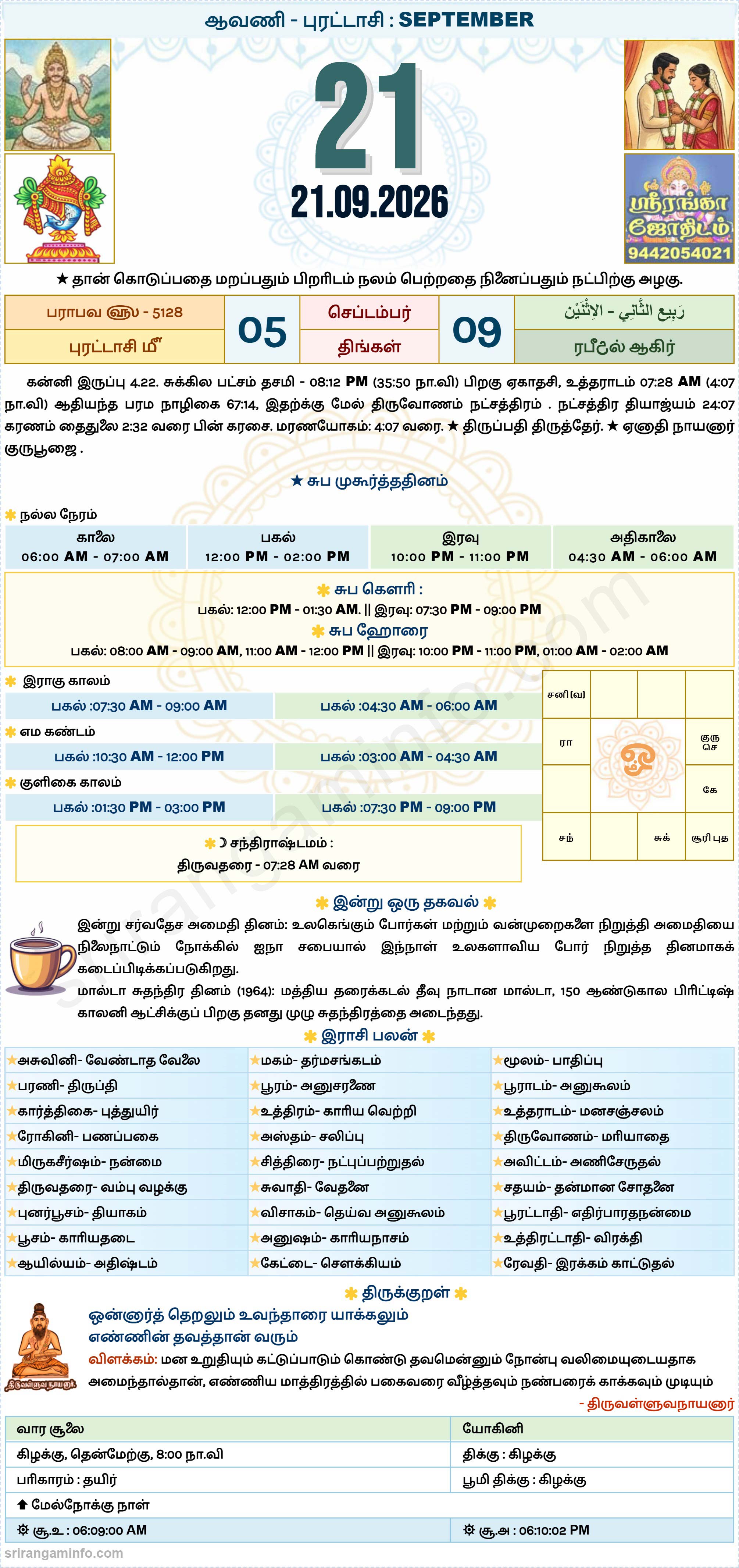Tamil daily Calendar, Tamil Calendar