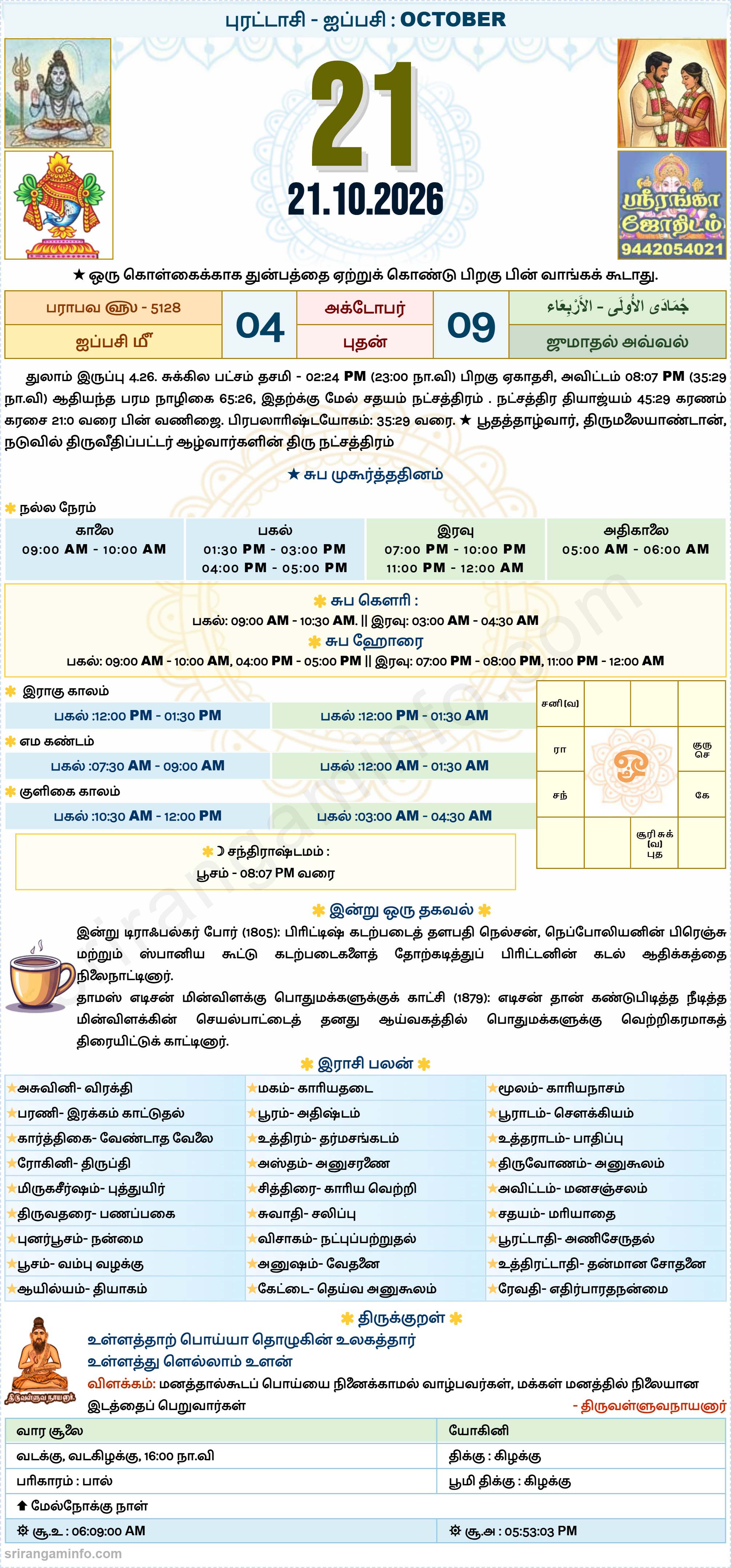 Tamil daily Calendar, Tamil Calendar