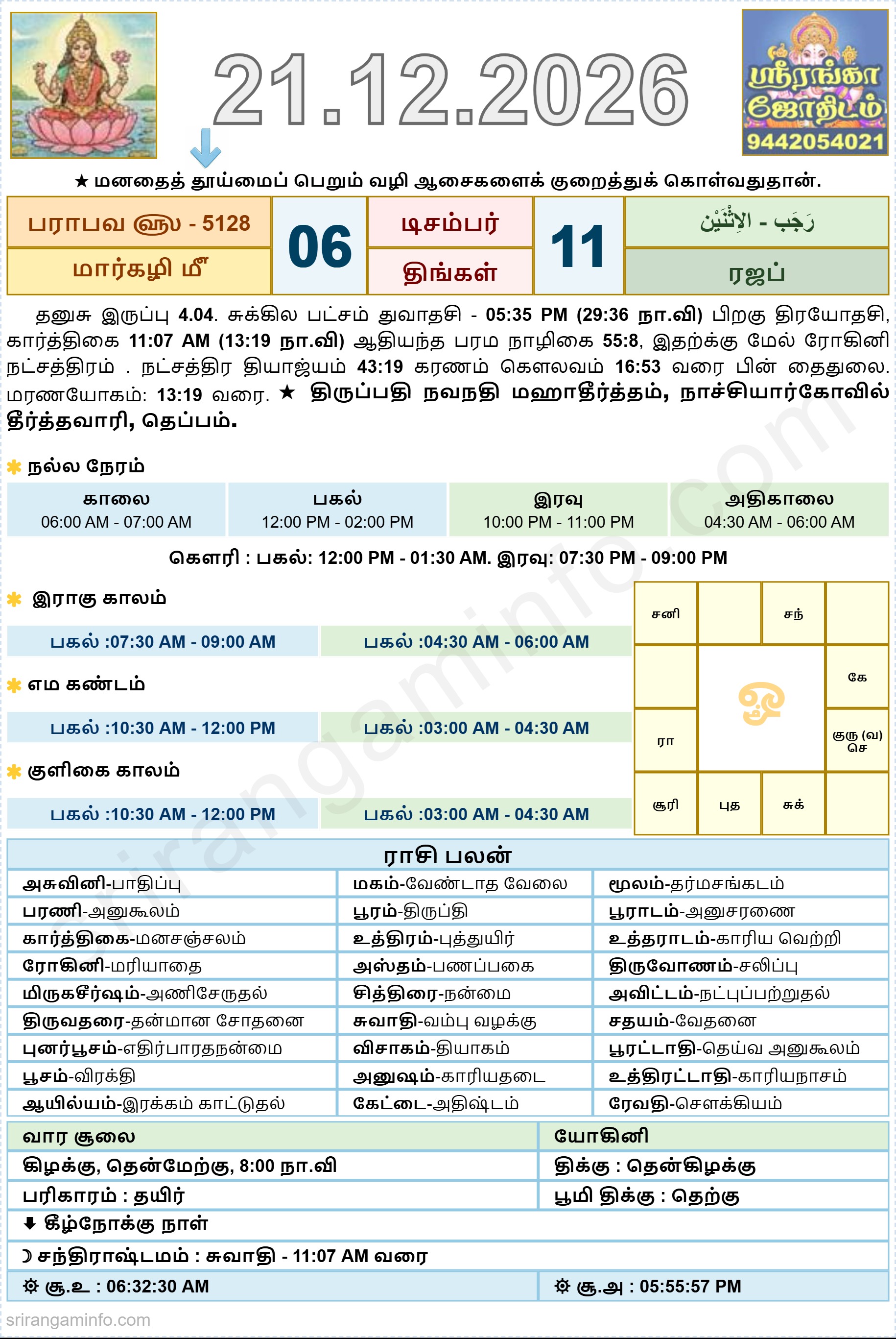 Tamil daily Calendar, Tamil Calendar