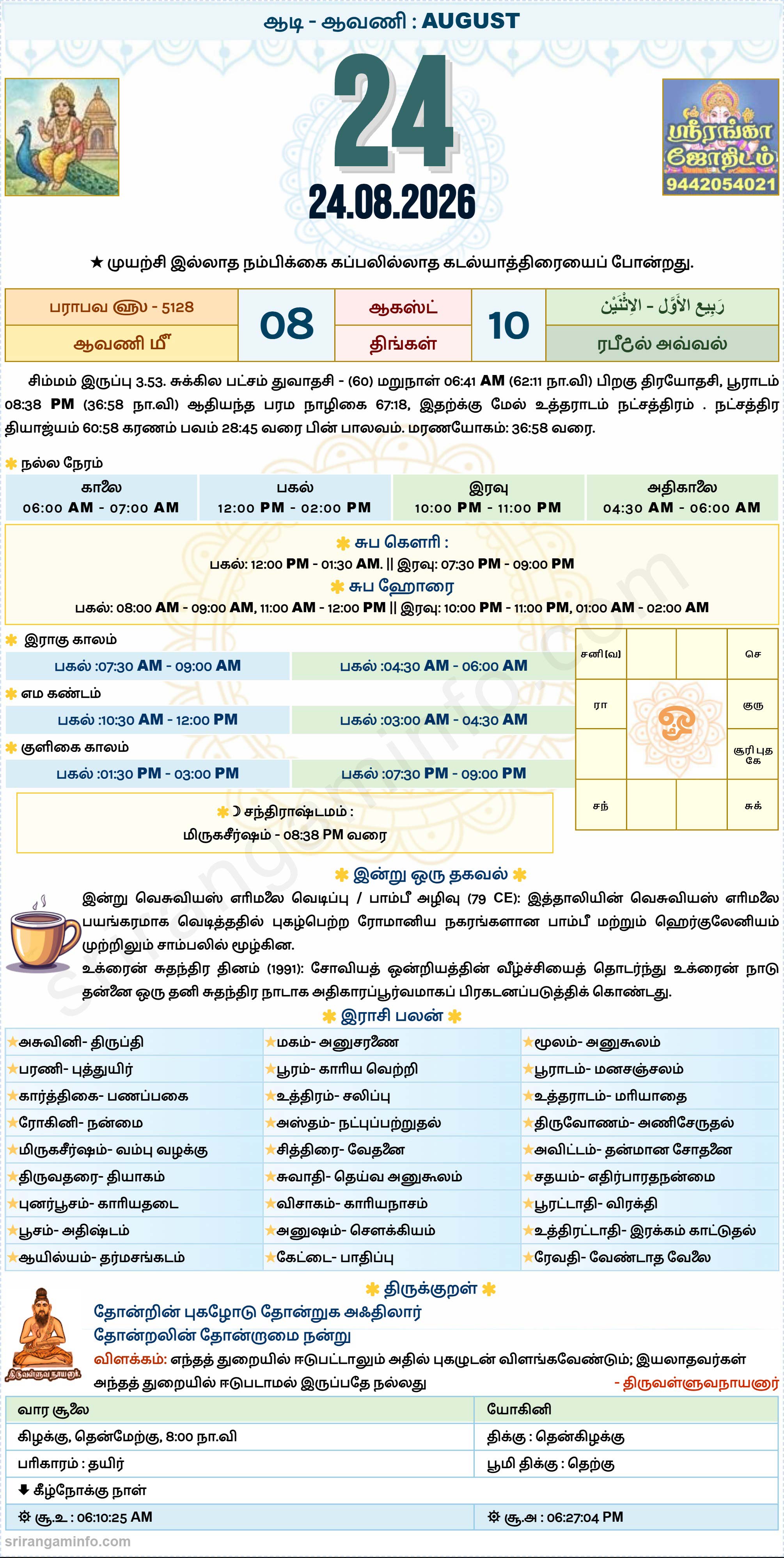 Tamil daily Calendar, Tamil Calendar