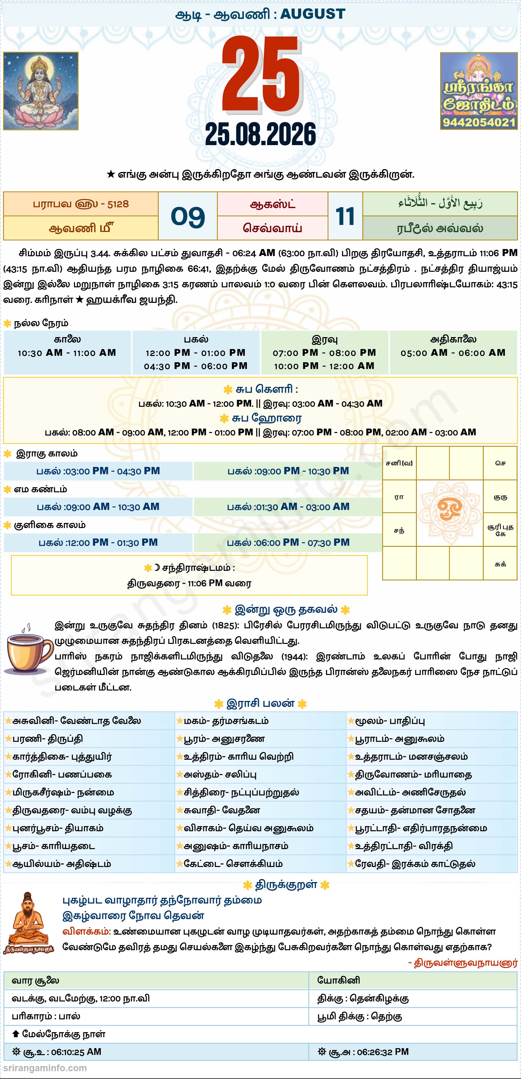 Tamil daily Calendar, Tamil Calendar