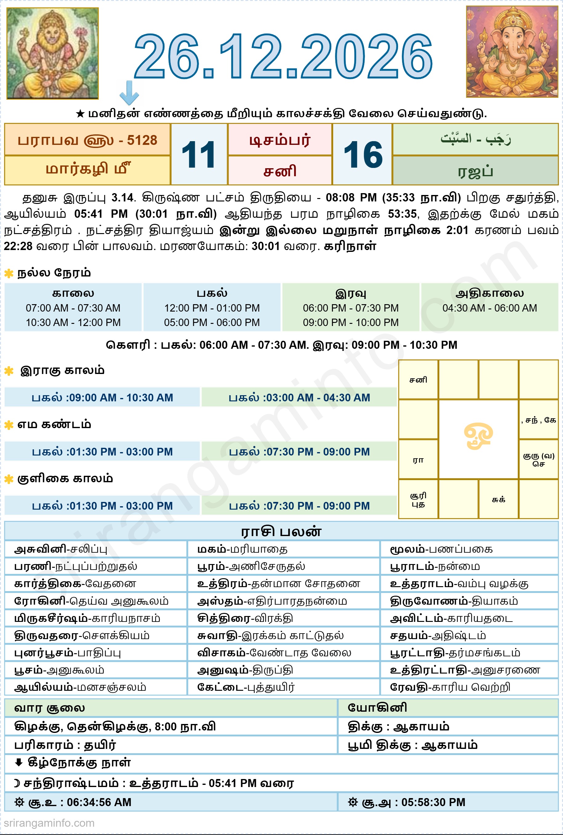 Tamil daily Calendar, Tamil Calendar