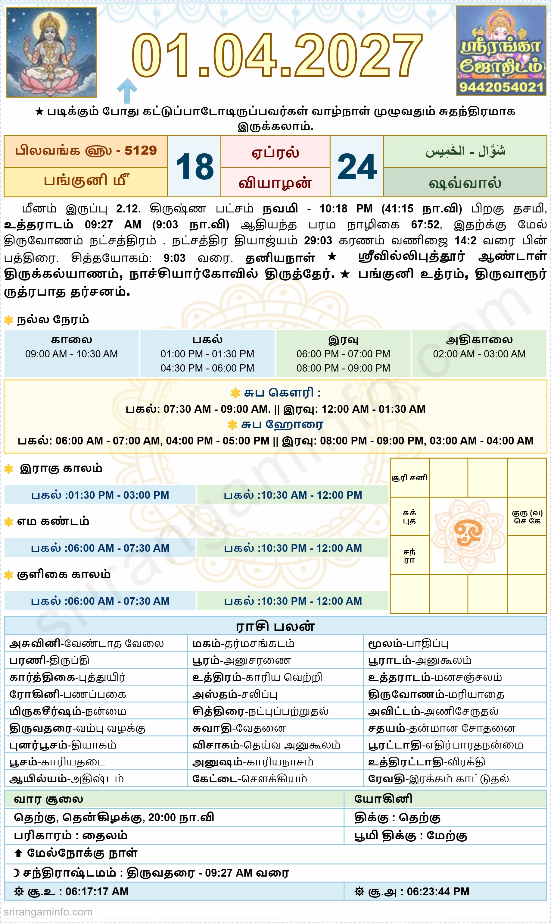 Tamil daily Calendar, Tamil Calendar