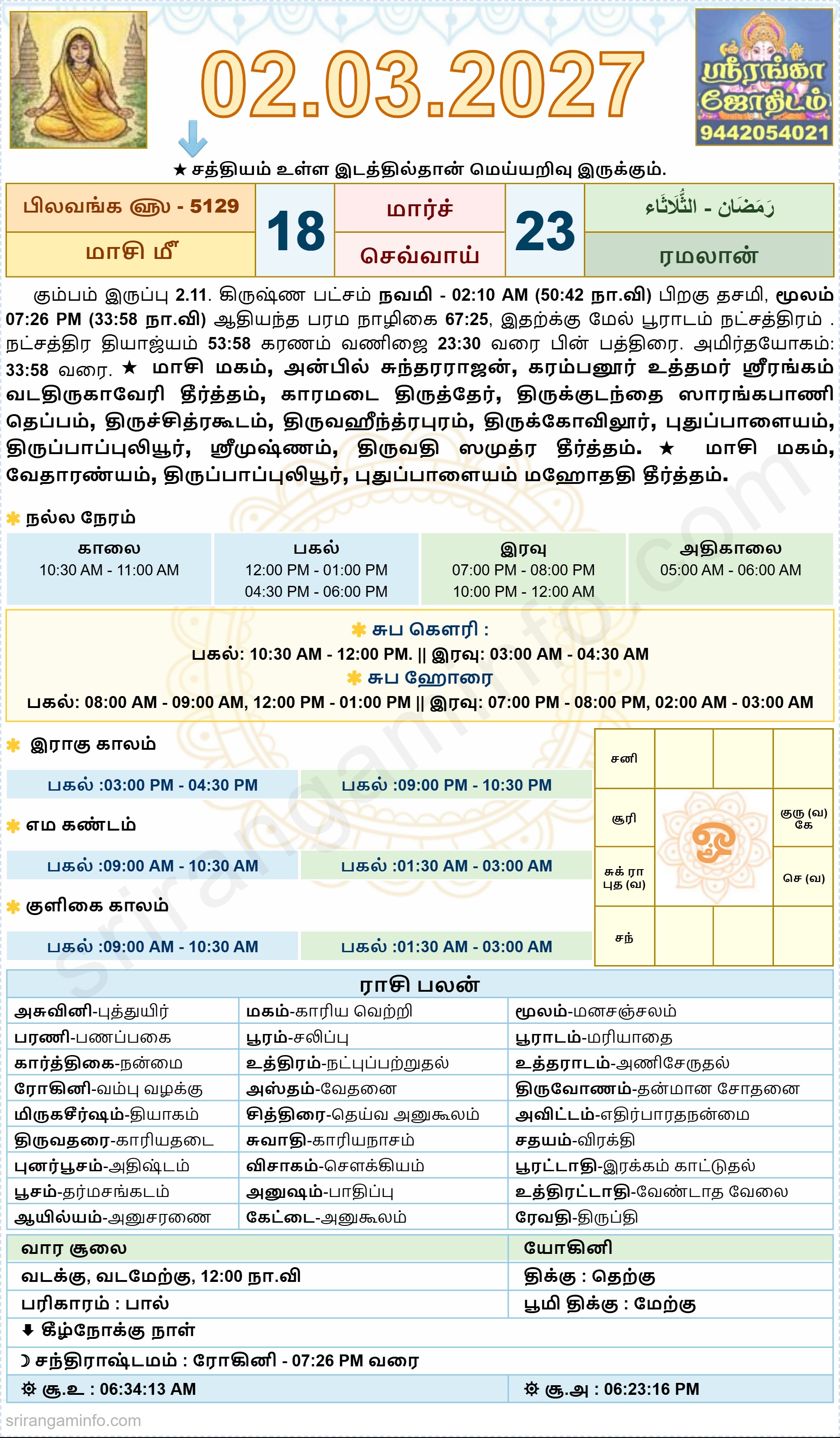 Tamil daily Calendar, Tamil Calendar