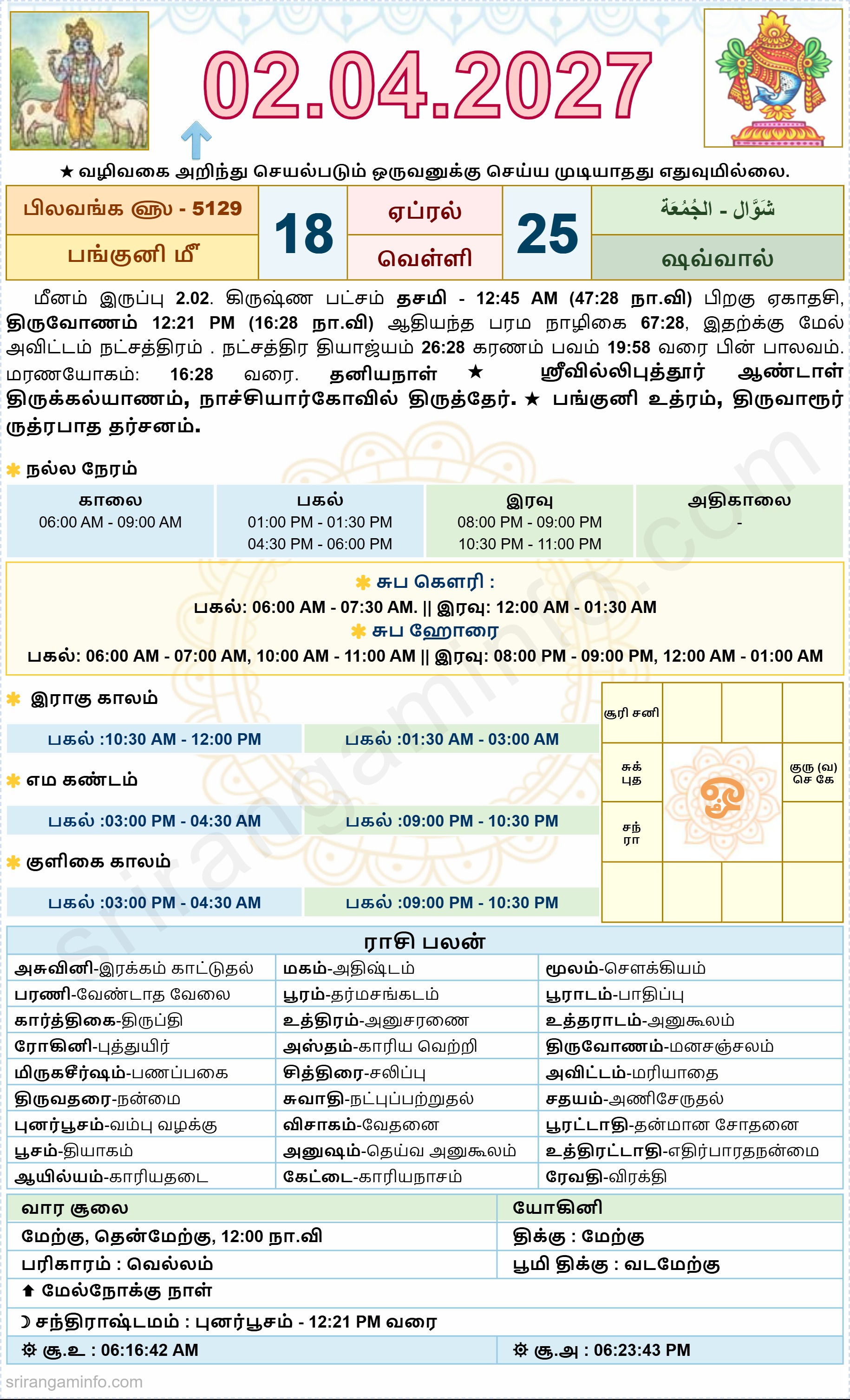 Tamil daily Calendar, Tamil Calendar