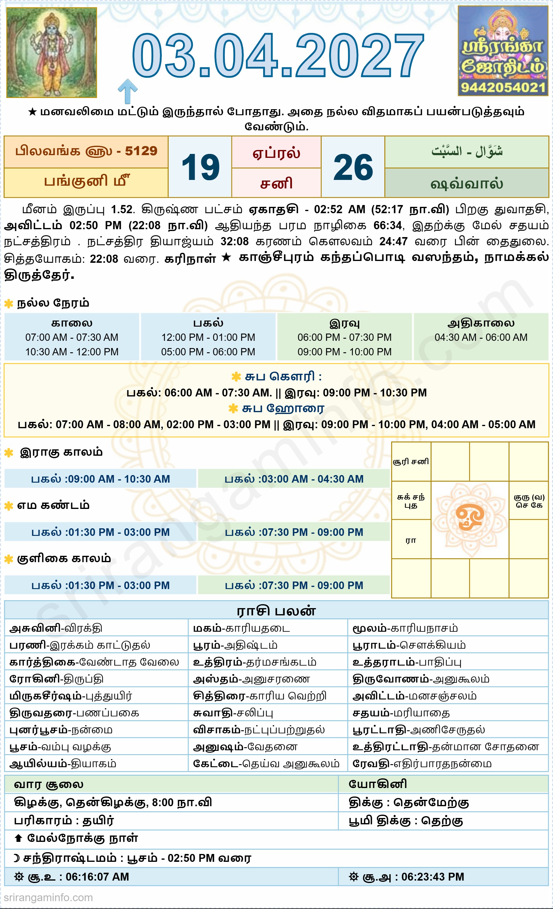 Tamil daily Calendar, Tamil Calendar
