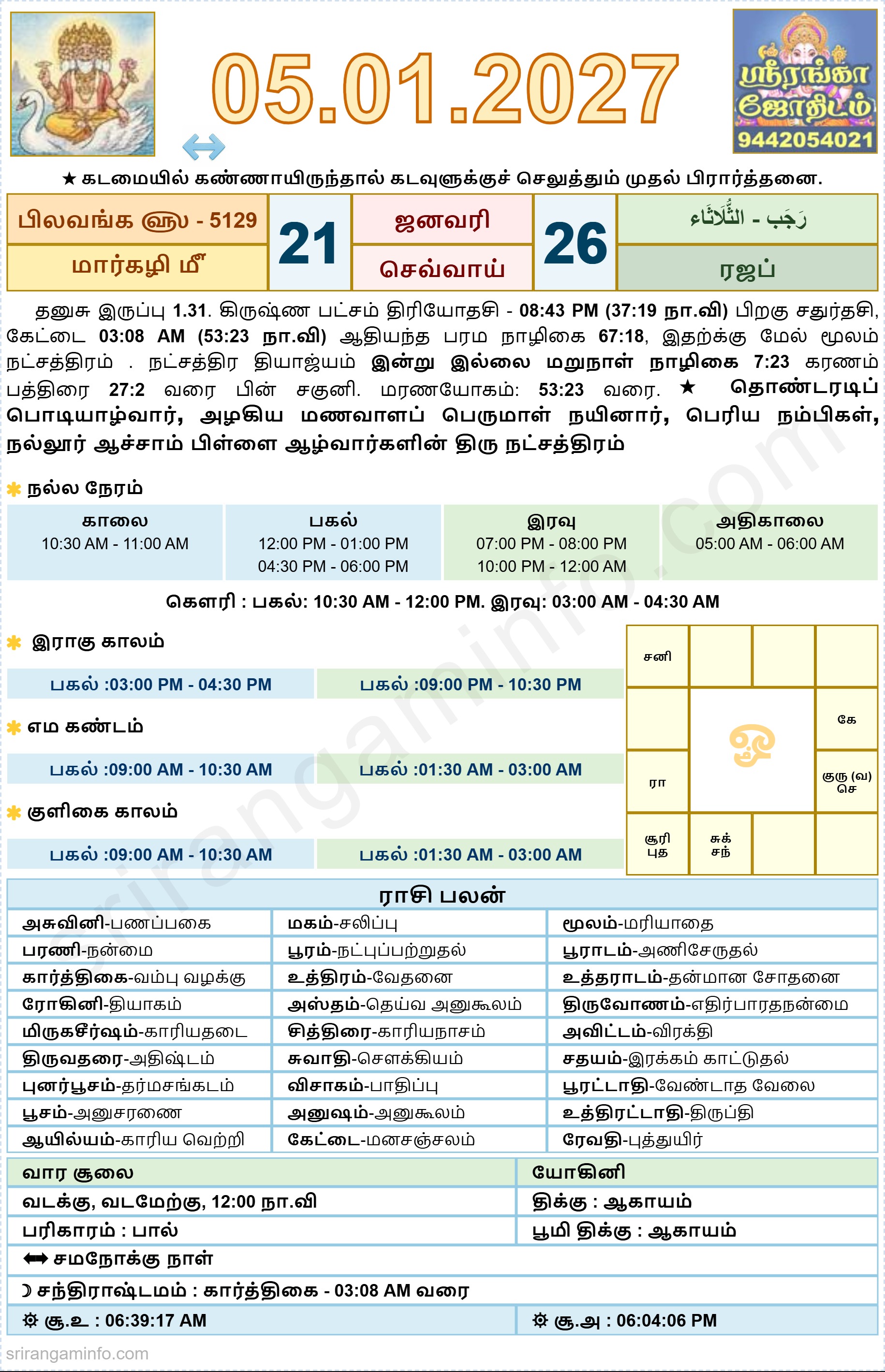 Tamil daily Calendar, Tamil Calendar