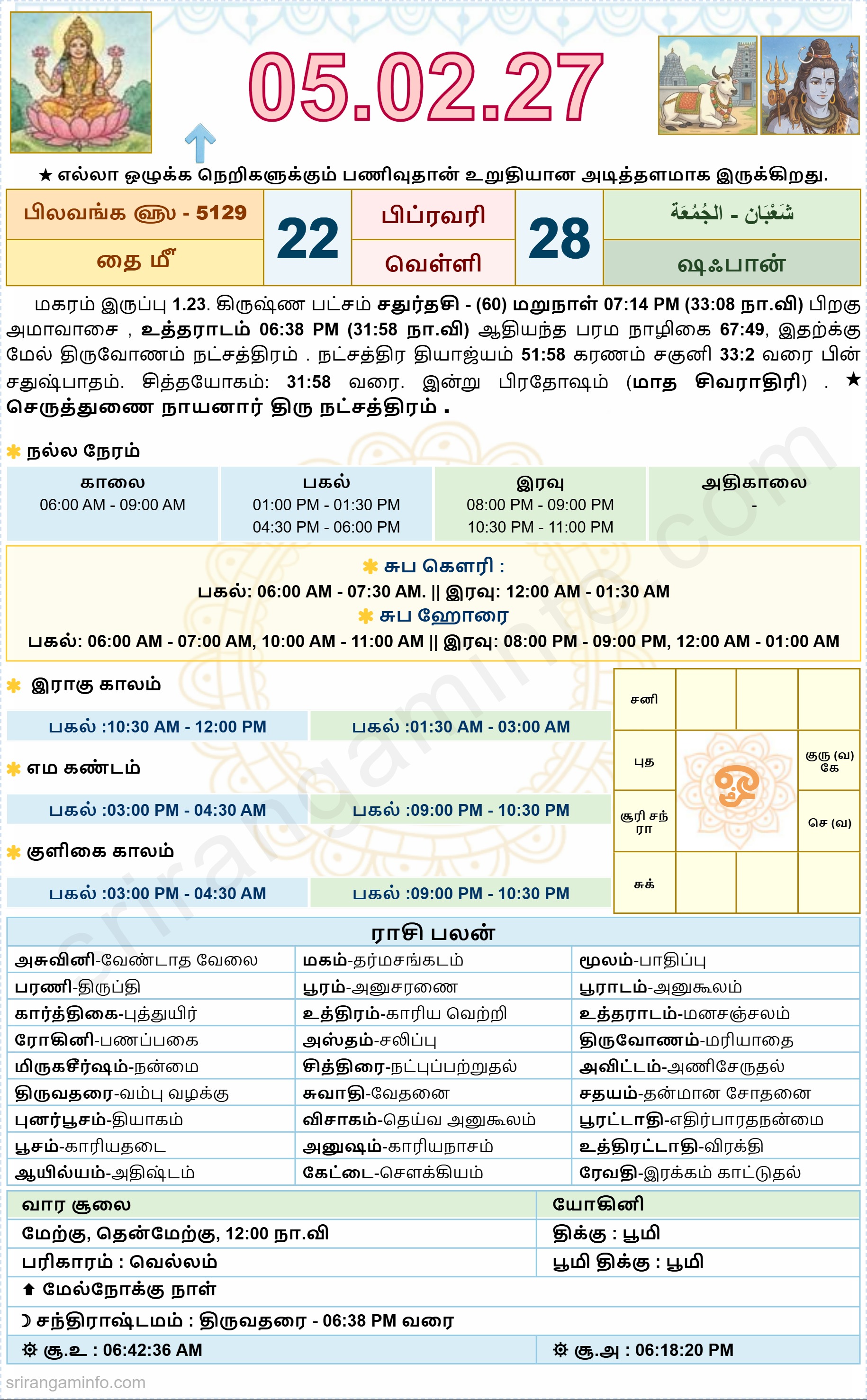 Tamil daily Calendar, Tamil Calendar