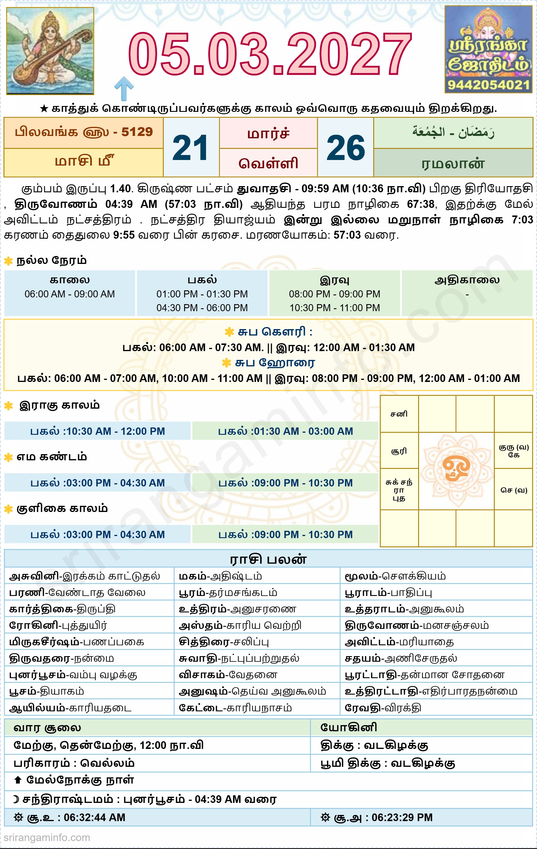 Tamil daily Calendar, Tamil Calendar