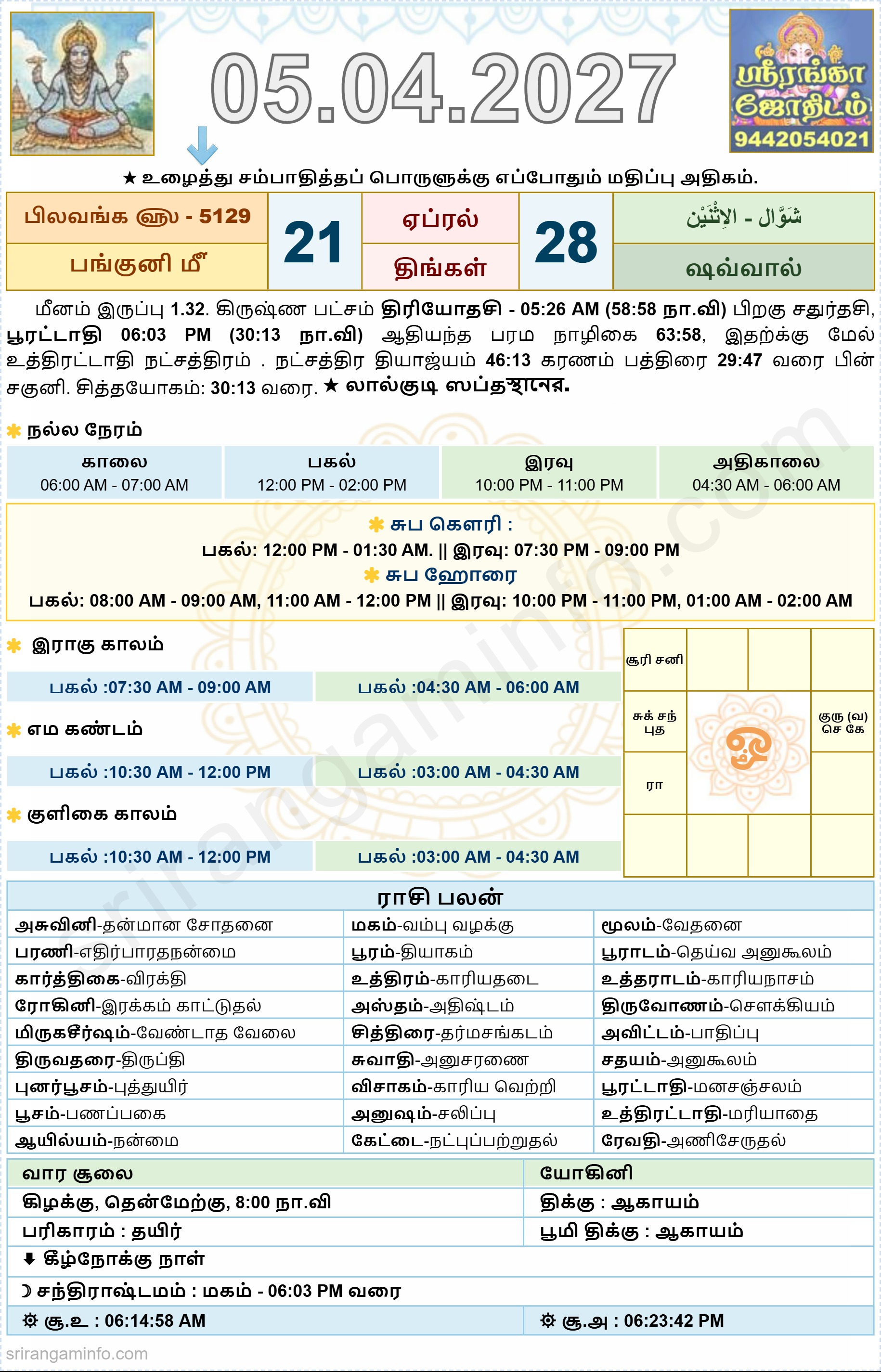 Tamil daily Calendar, Tamil Calendar