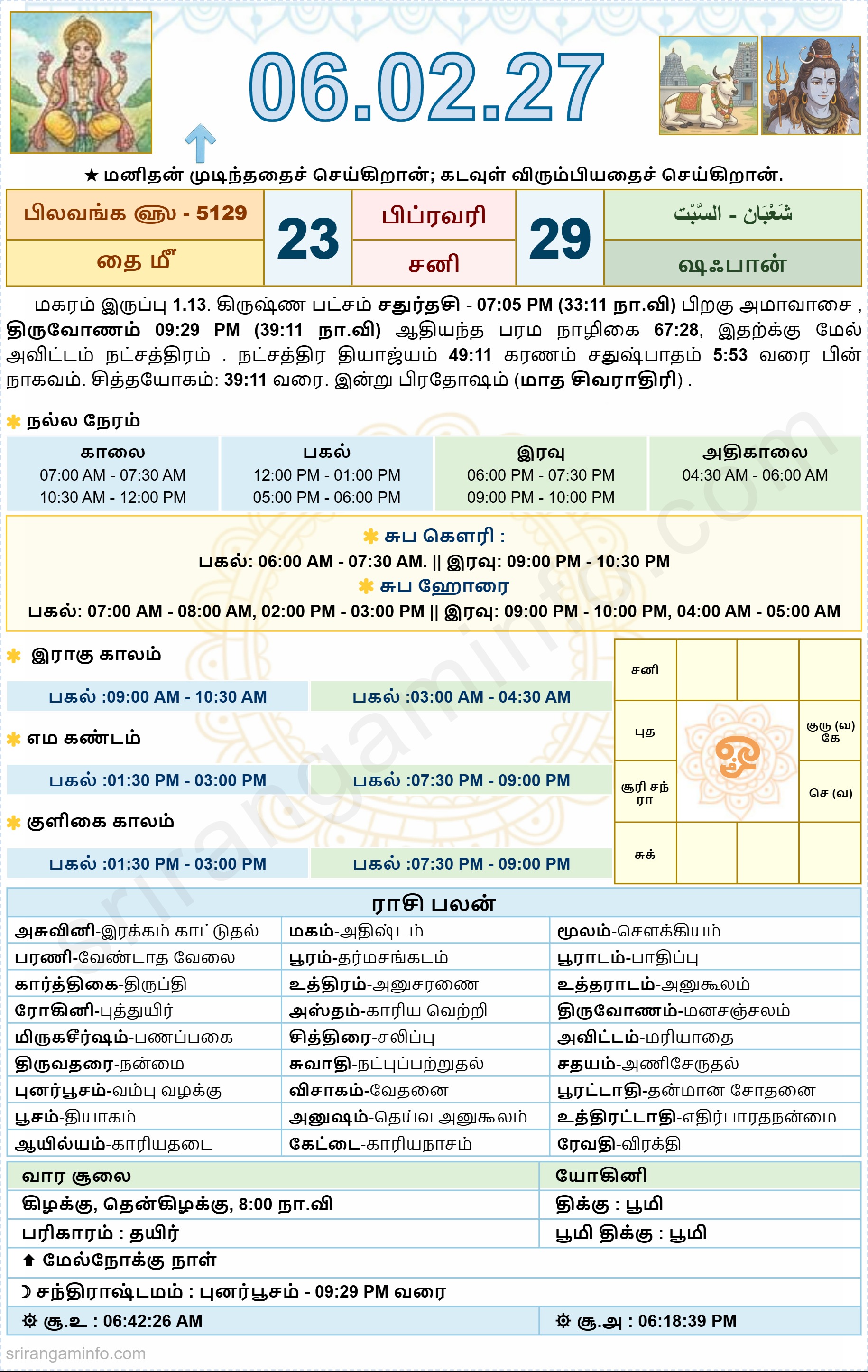 Tamil daily Calendar, Tamil Calendar