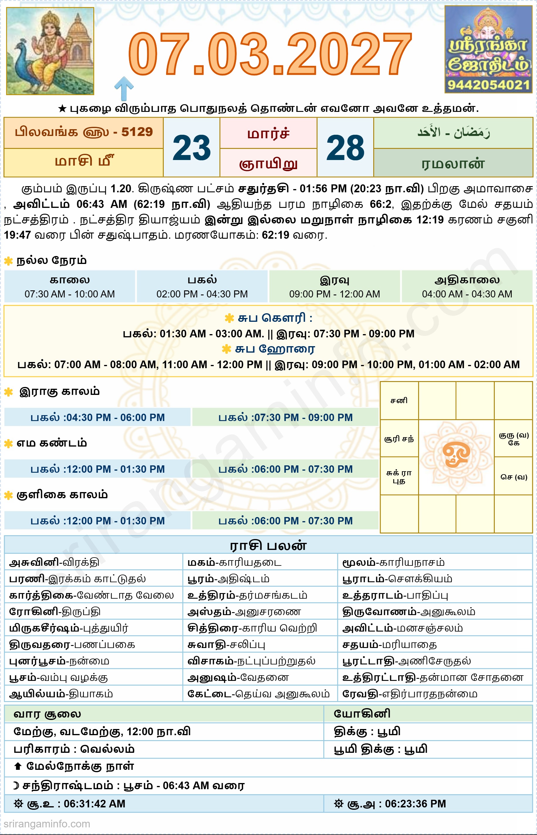 Tamil daily Calendar, Tamil Calendar