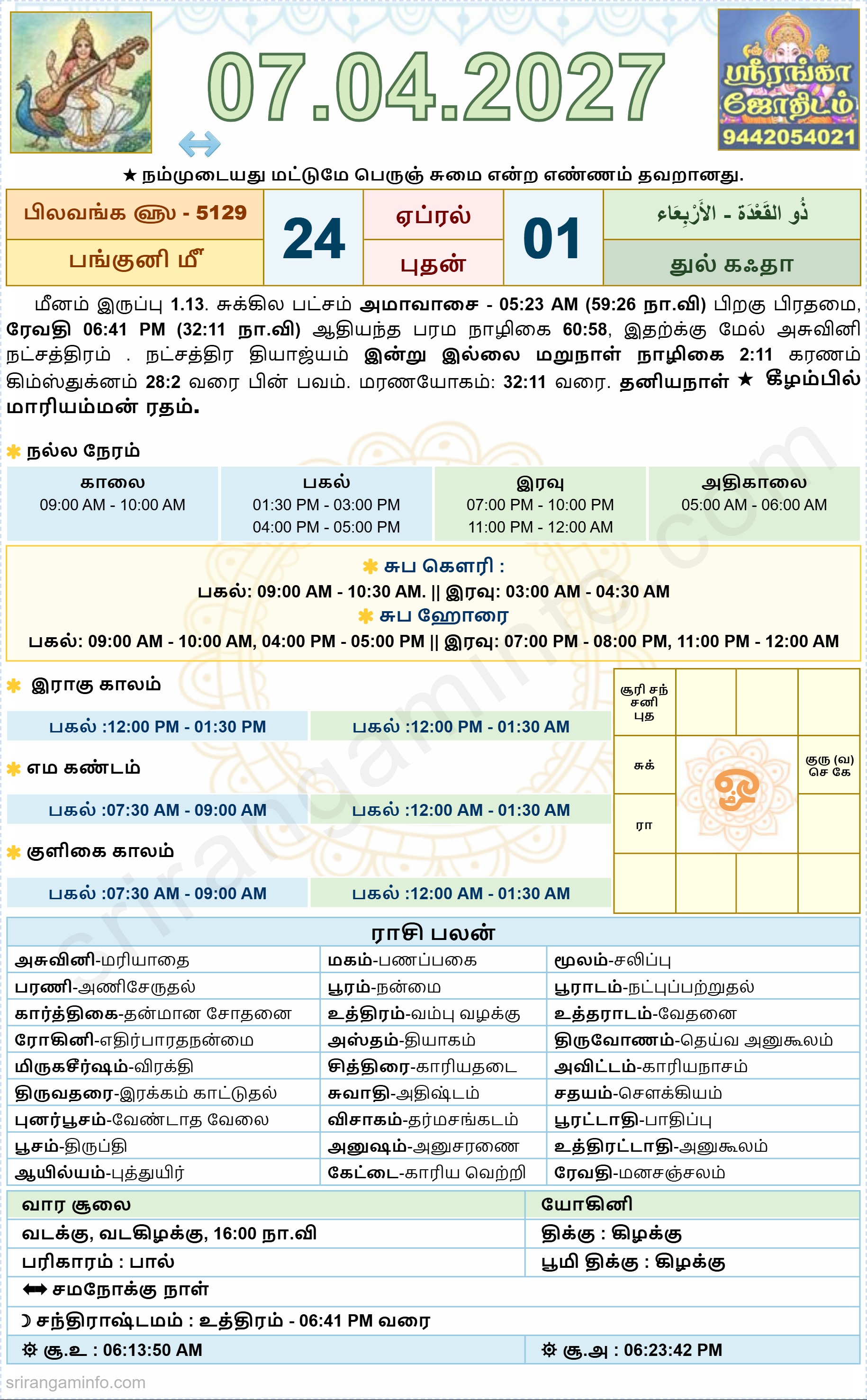 Tamil daily Calendar, Tamil Calendar