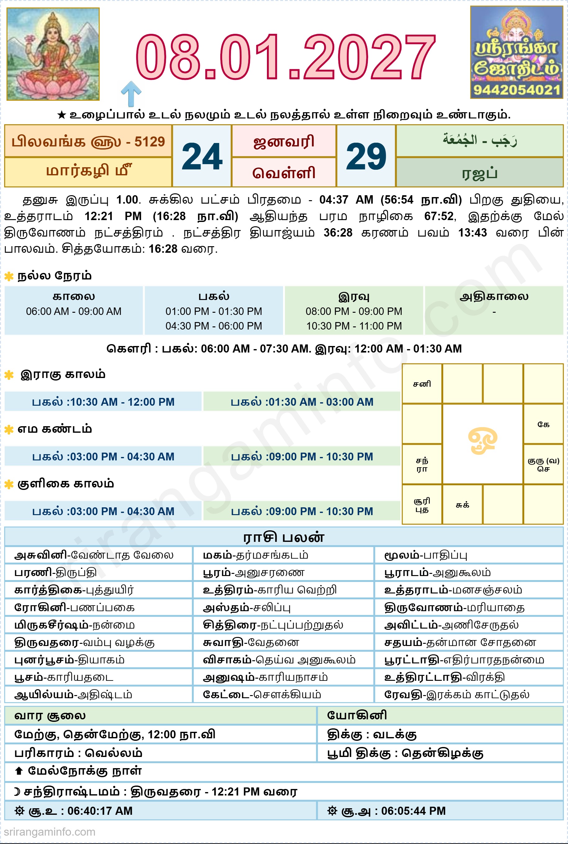 Tamil daily Calendar, Tamil Calendar