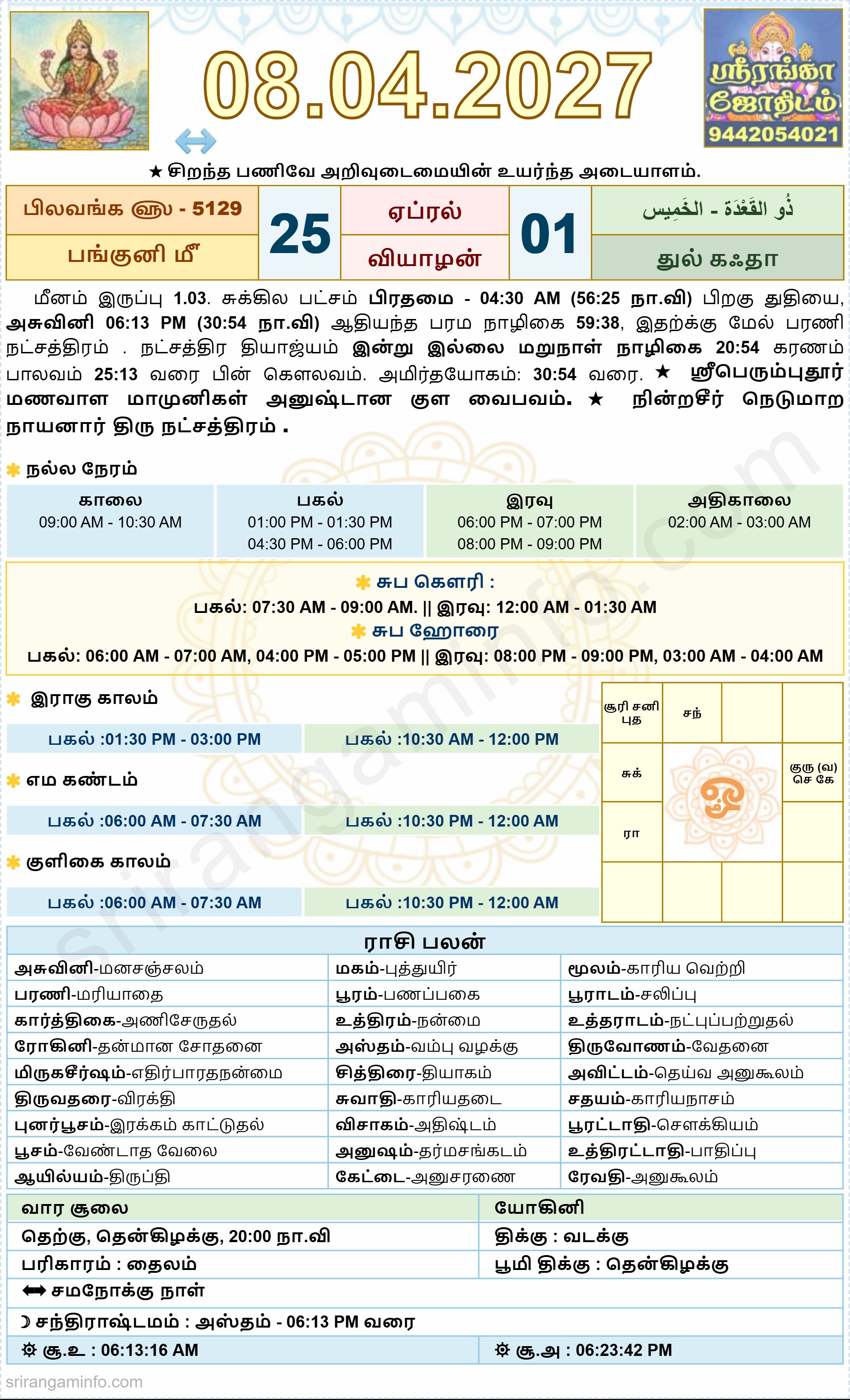 Tamil daily Calendar, Tamil Calendar