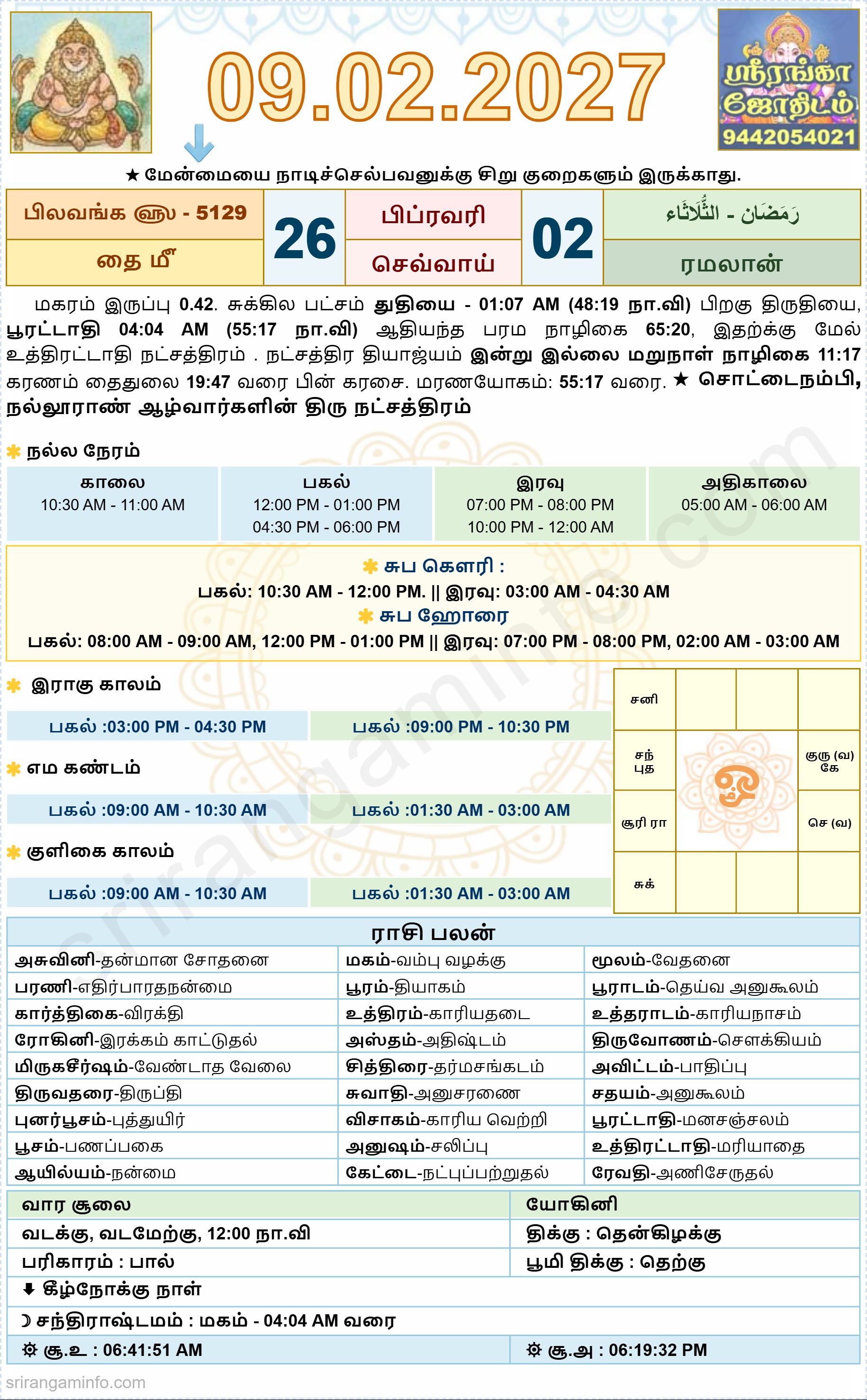 Tamil daily Calendar, Tamil Calendar