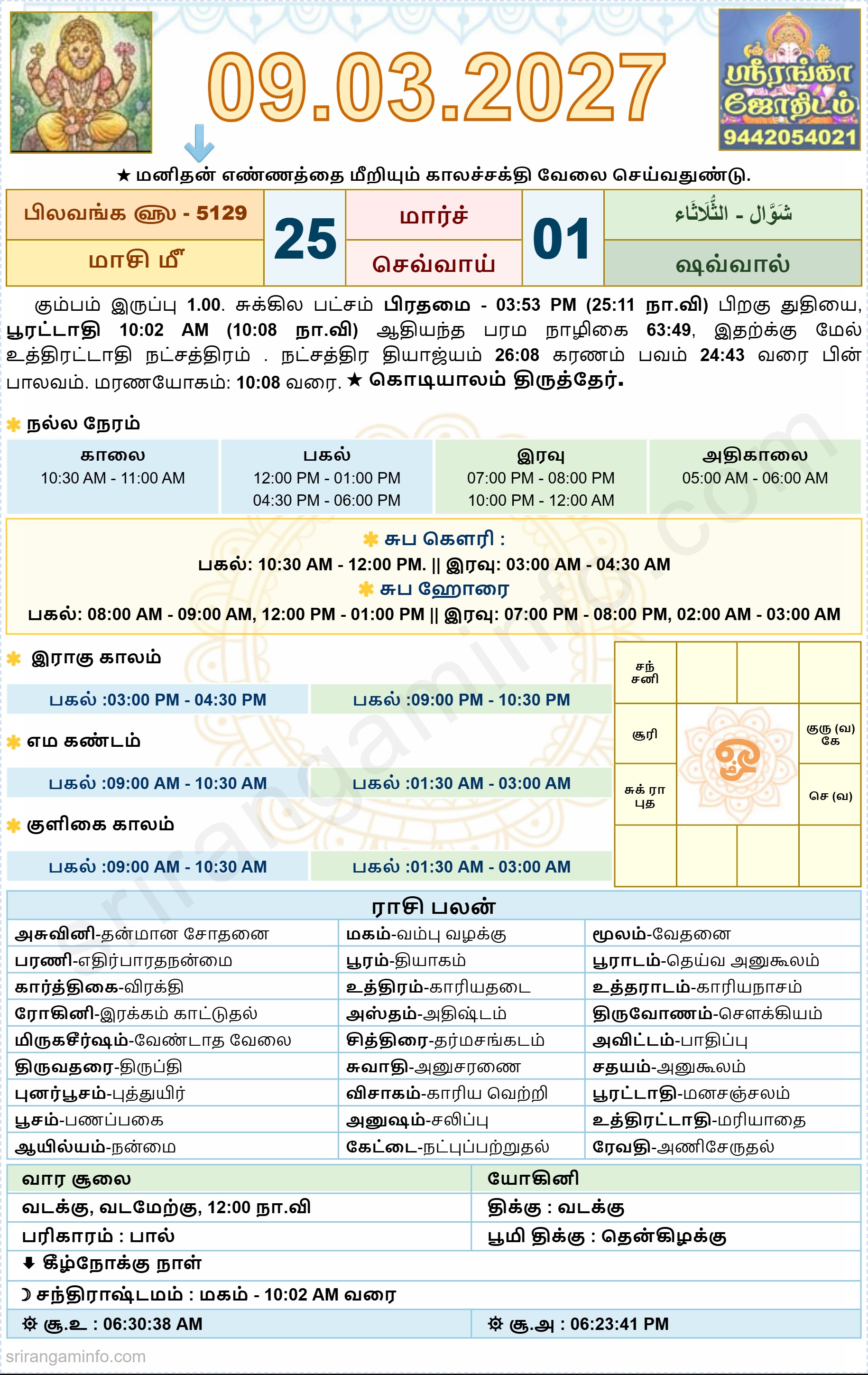 Tamil daily Calendar, Tamil Calendar