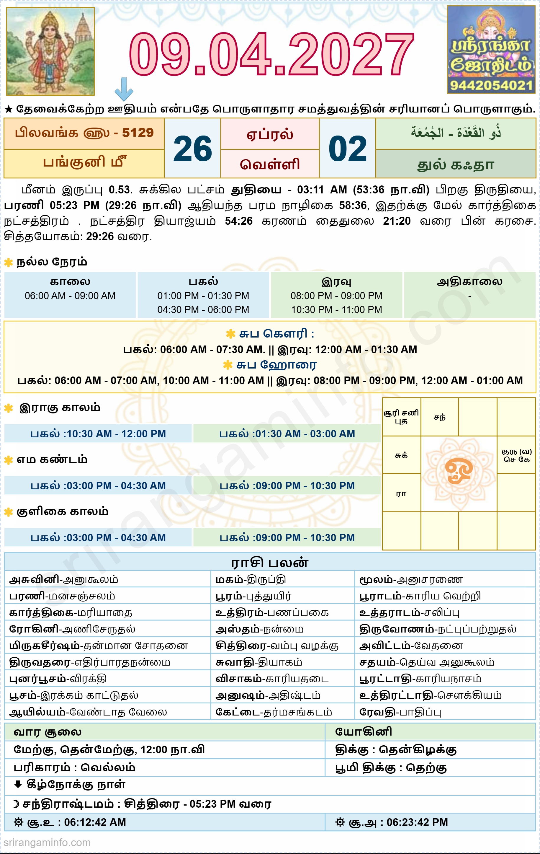 Tamil daily Calendar, Tamil Calendar