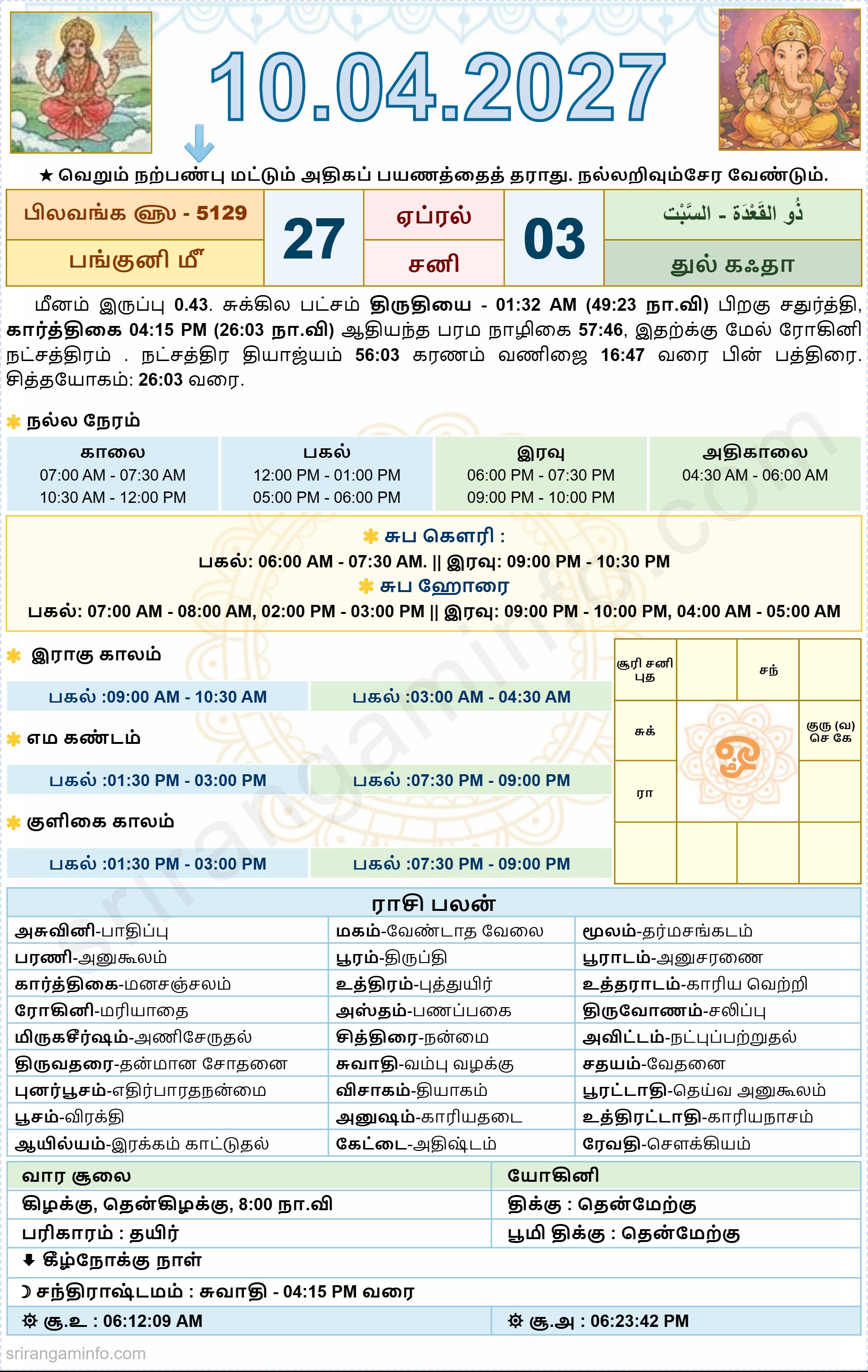 Tamil daily Calendar, Tamil Calendar