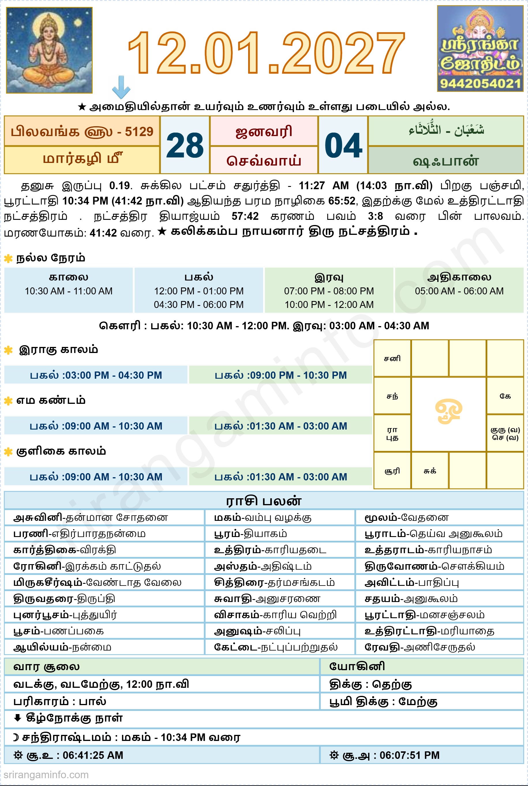 Tamil daily Calendar, Tamil Calendar