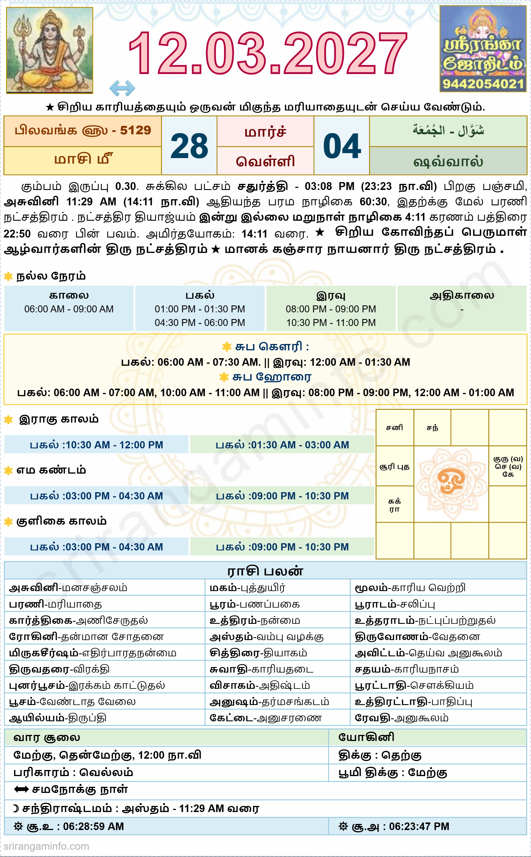 Tamil daily Calendar, Tamil Calendar