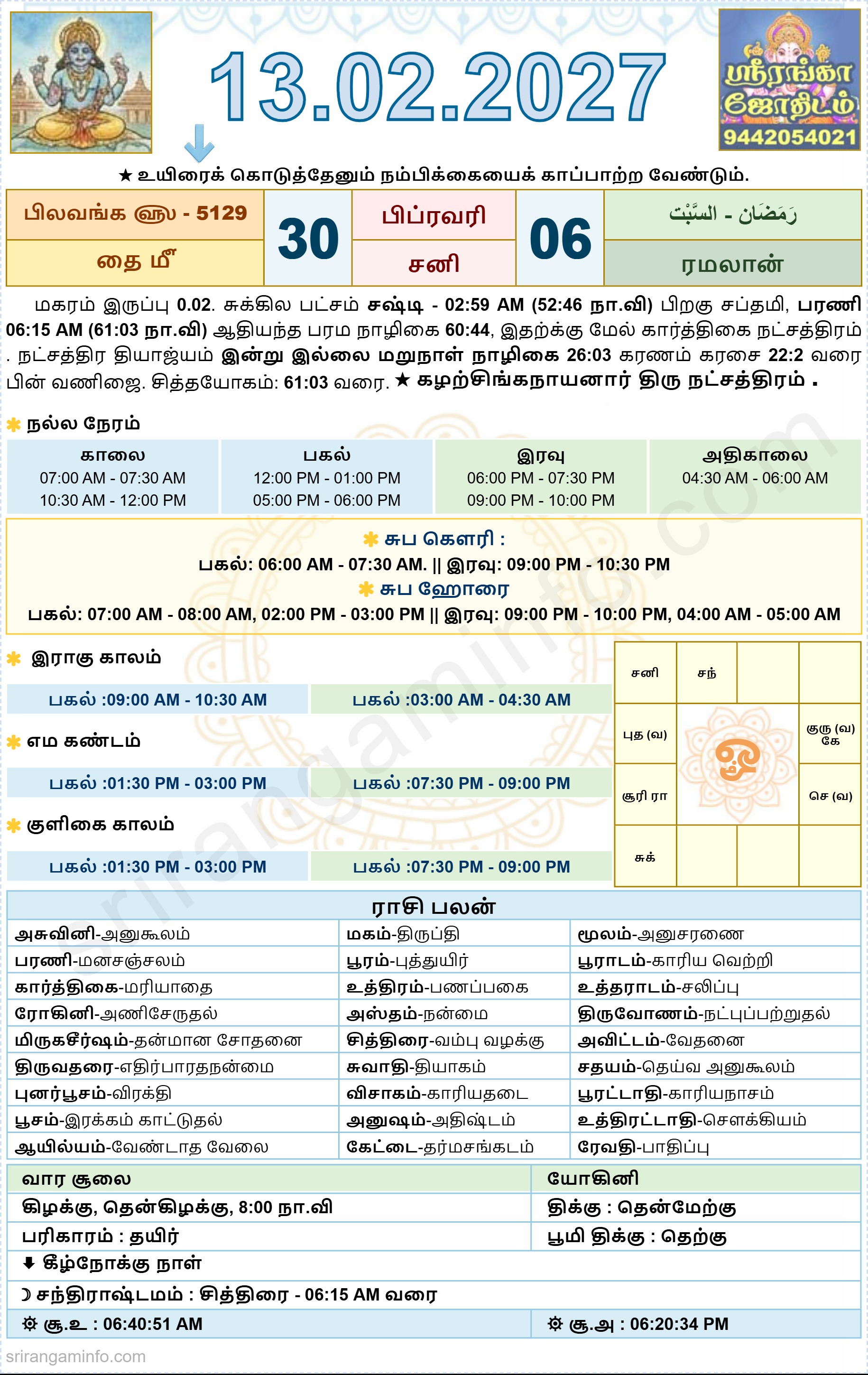 Tamil daily Calendar, Tamil Calendar