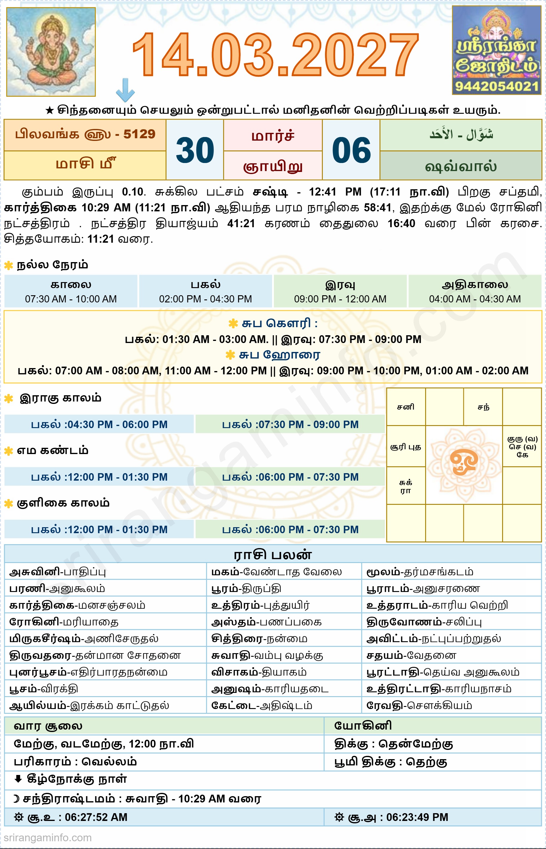 Tamil daily Calendar, Tamil Calendar