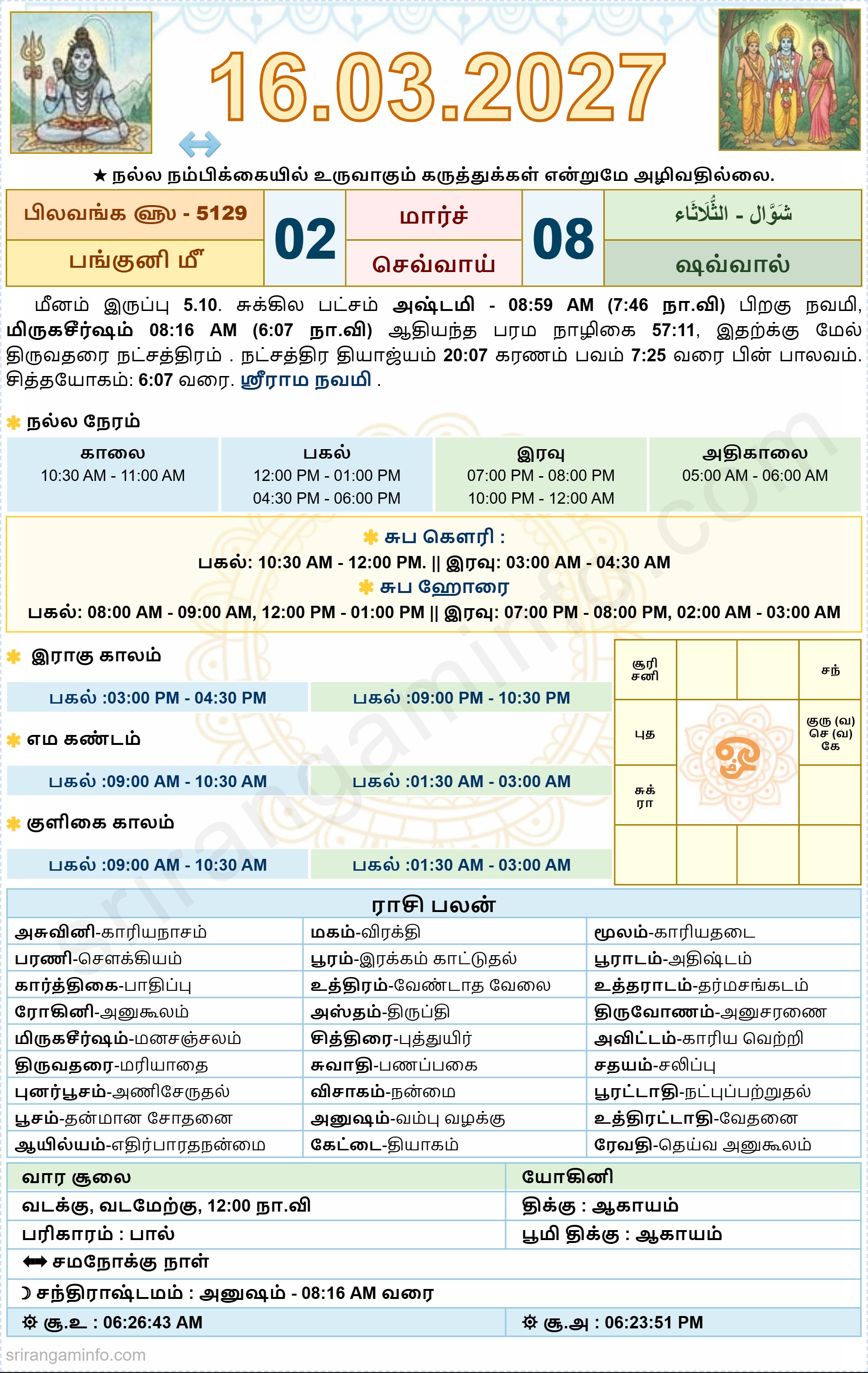 Tamil daily Calendar, Tamil Calendar