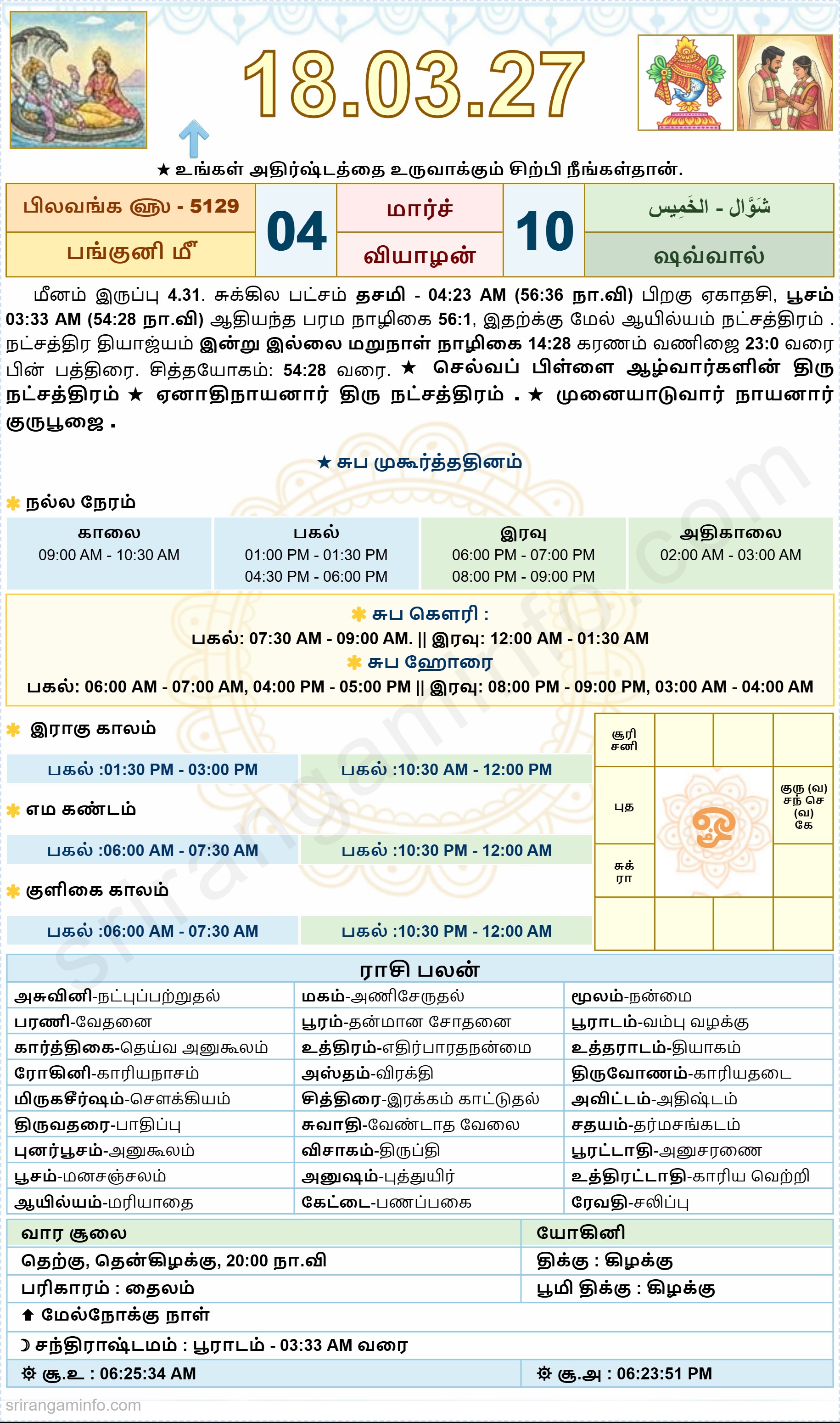 Tamil daily Calendar, Tamil Calendar