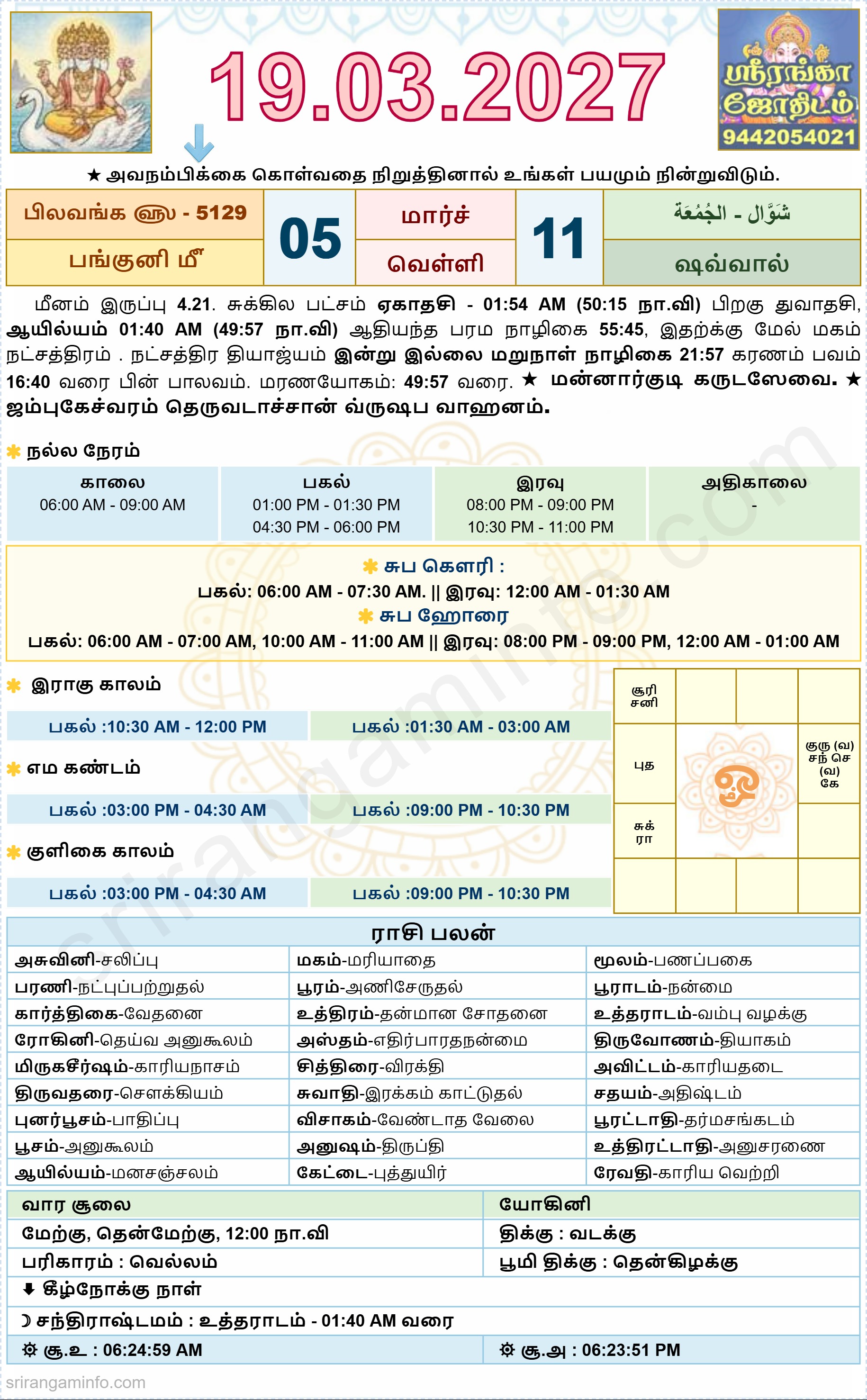 Tamil daily Calendar, Tamil Calendar