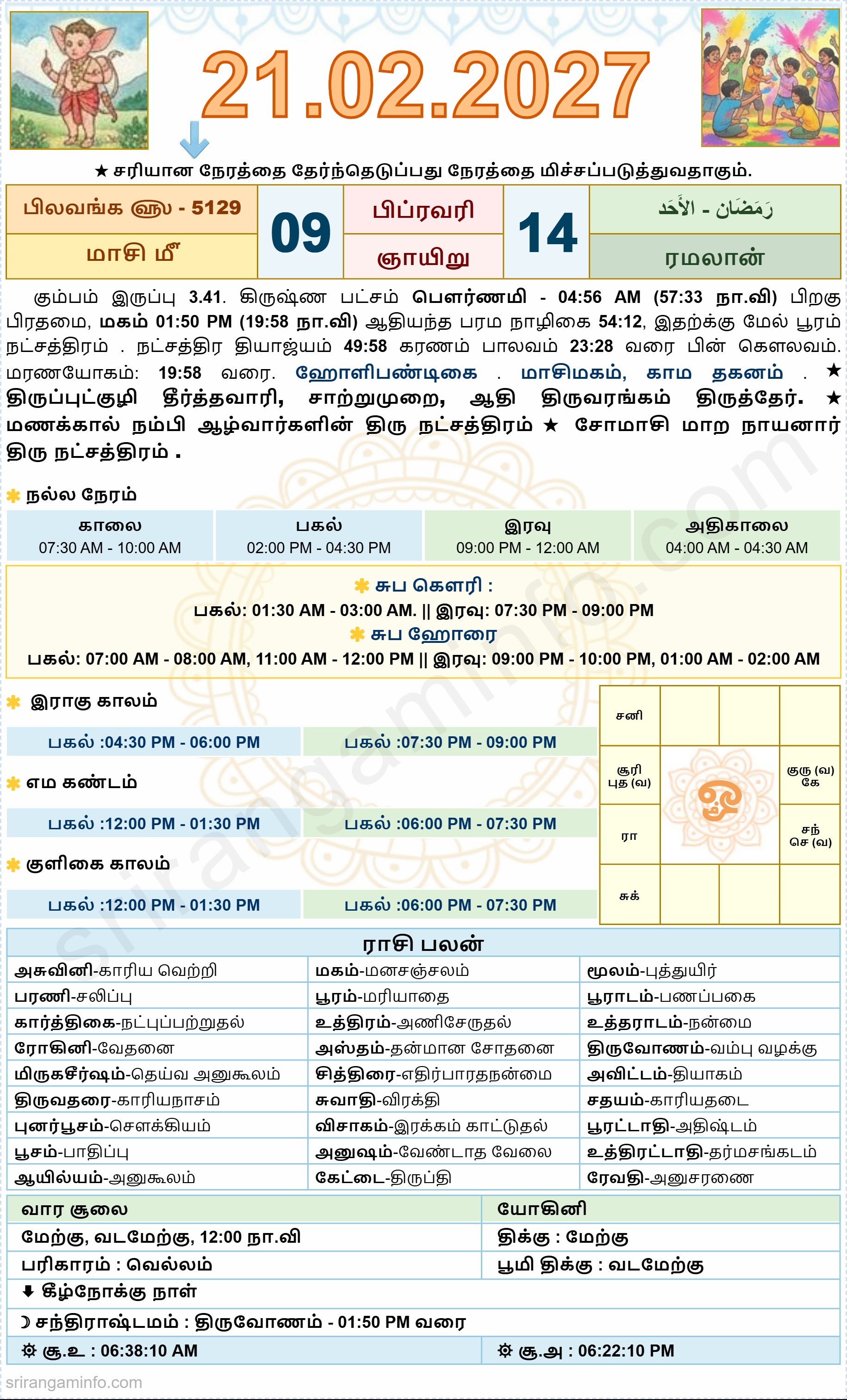 Tamil daily Calendar, Tamil Calendar