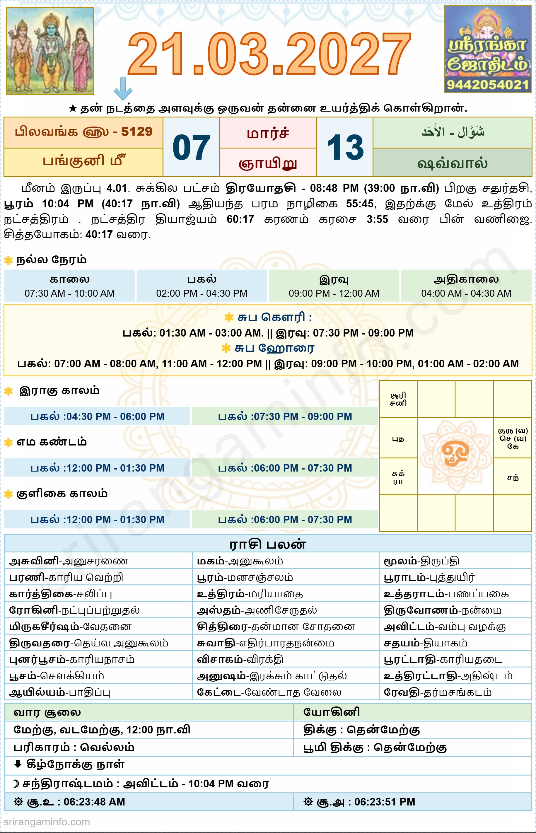 Tamil daily Calendar, Tamil Calendar