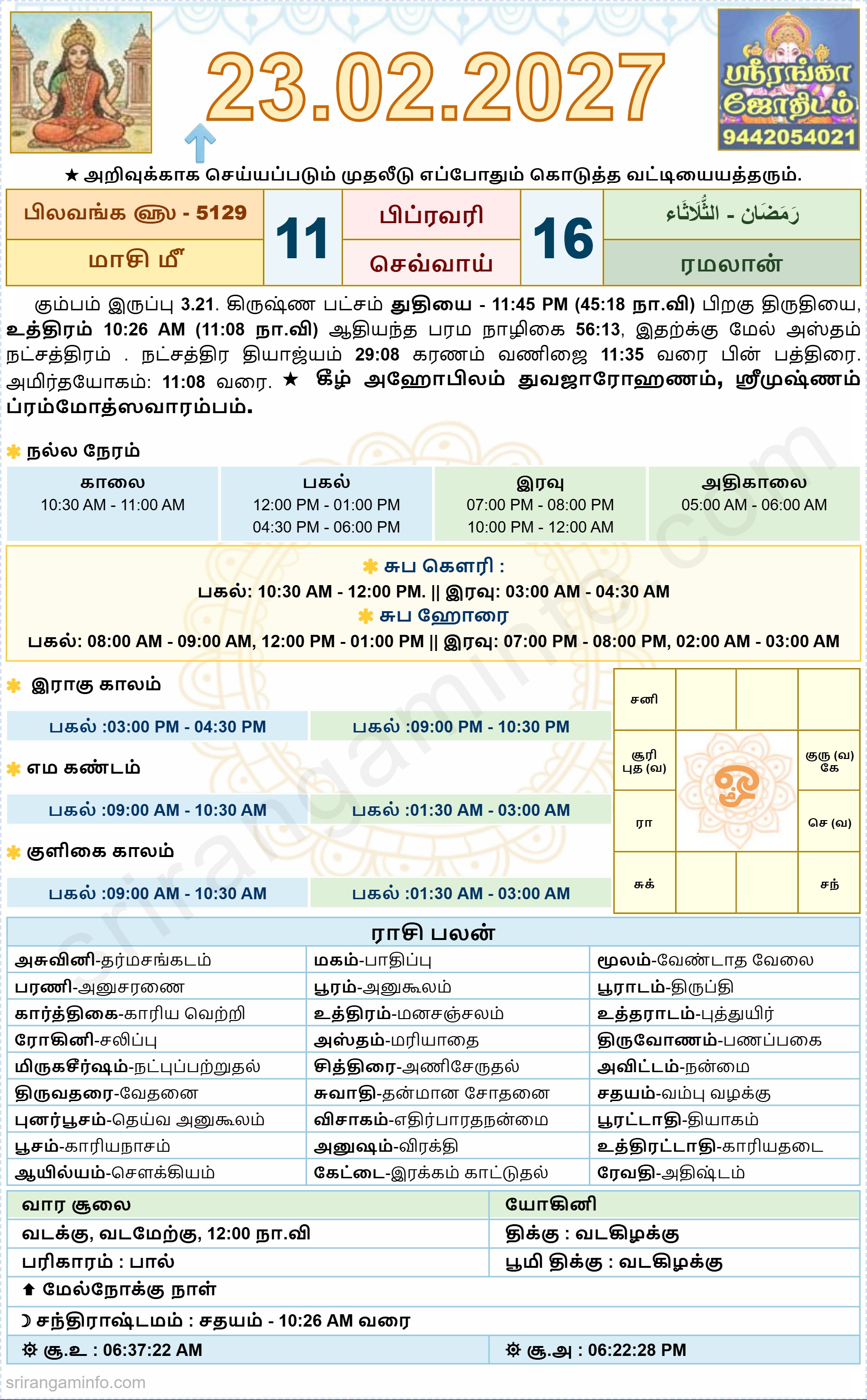 Tamil daily Calendar, Tamil Calendar