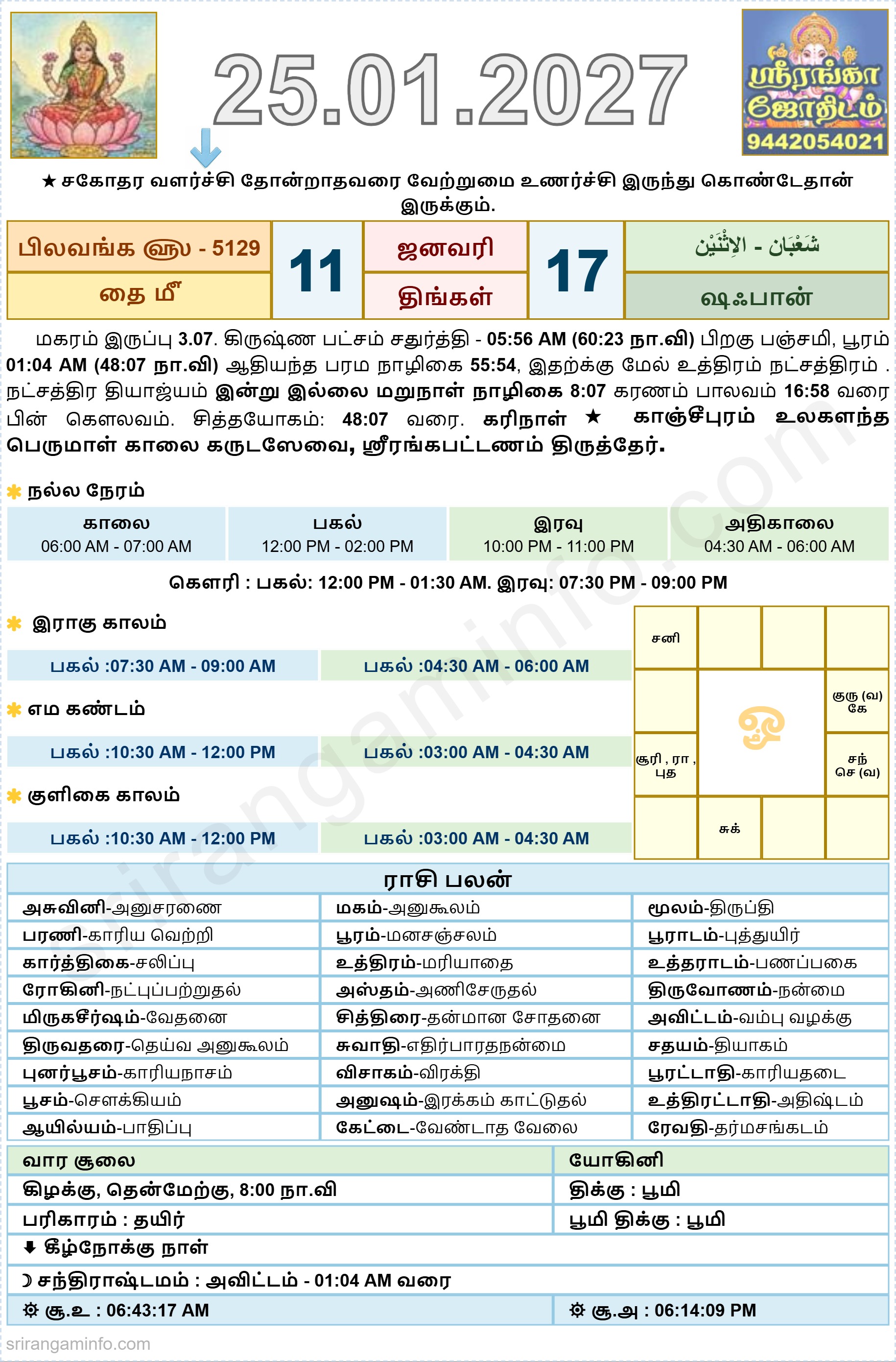 Tamil daily Calendar, Tamil Calendar