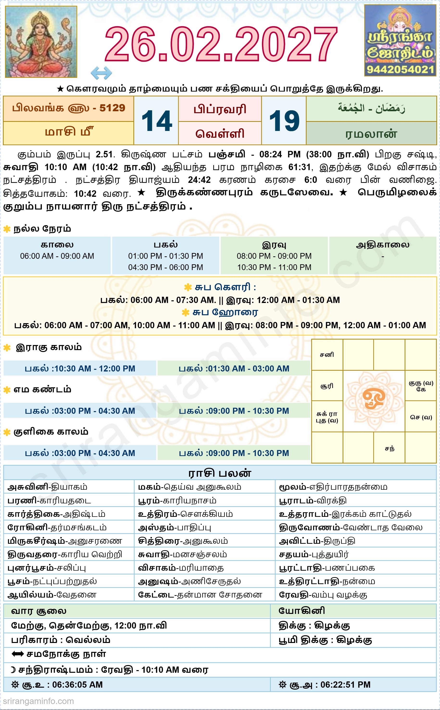 Tamil daily Calendar, Tamil Calendar