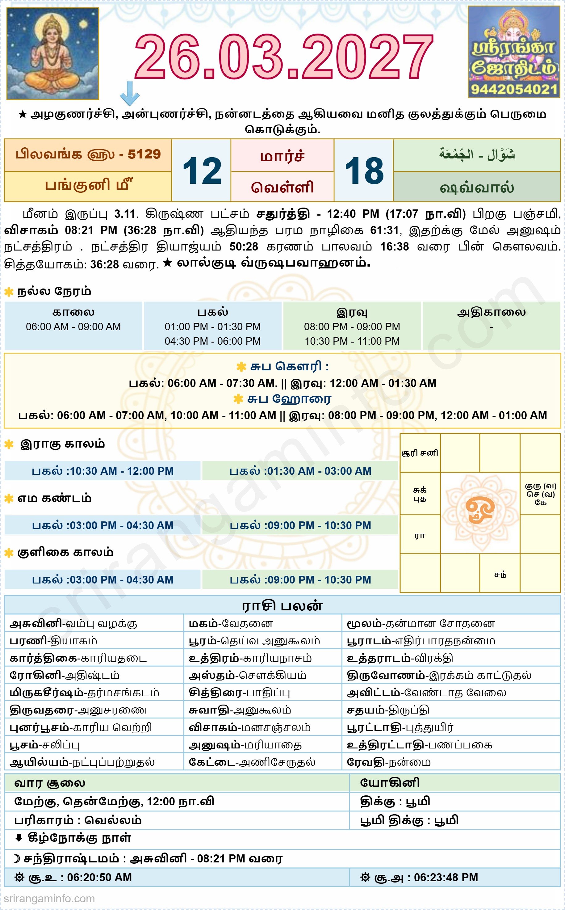 Tamil daily Calendar, Tamil Calendar