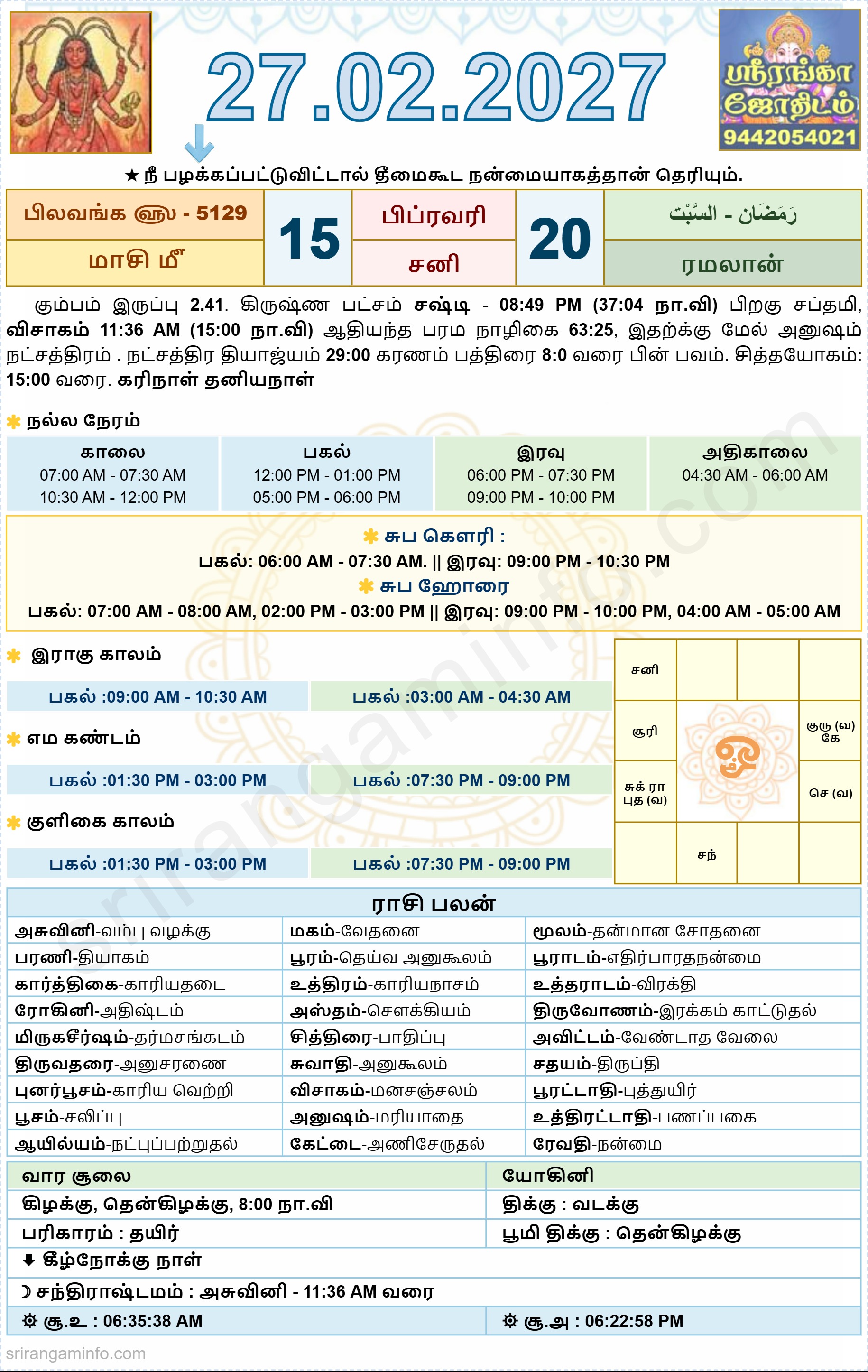 Tamil daily Calendar, Tamil Calendar