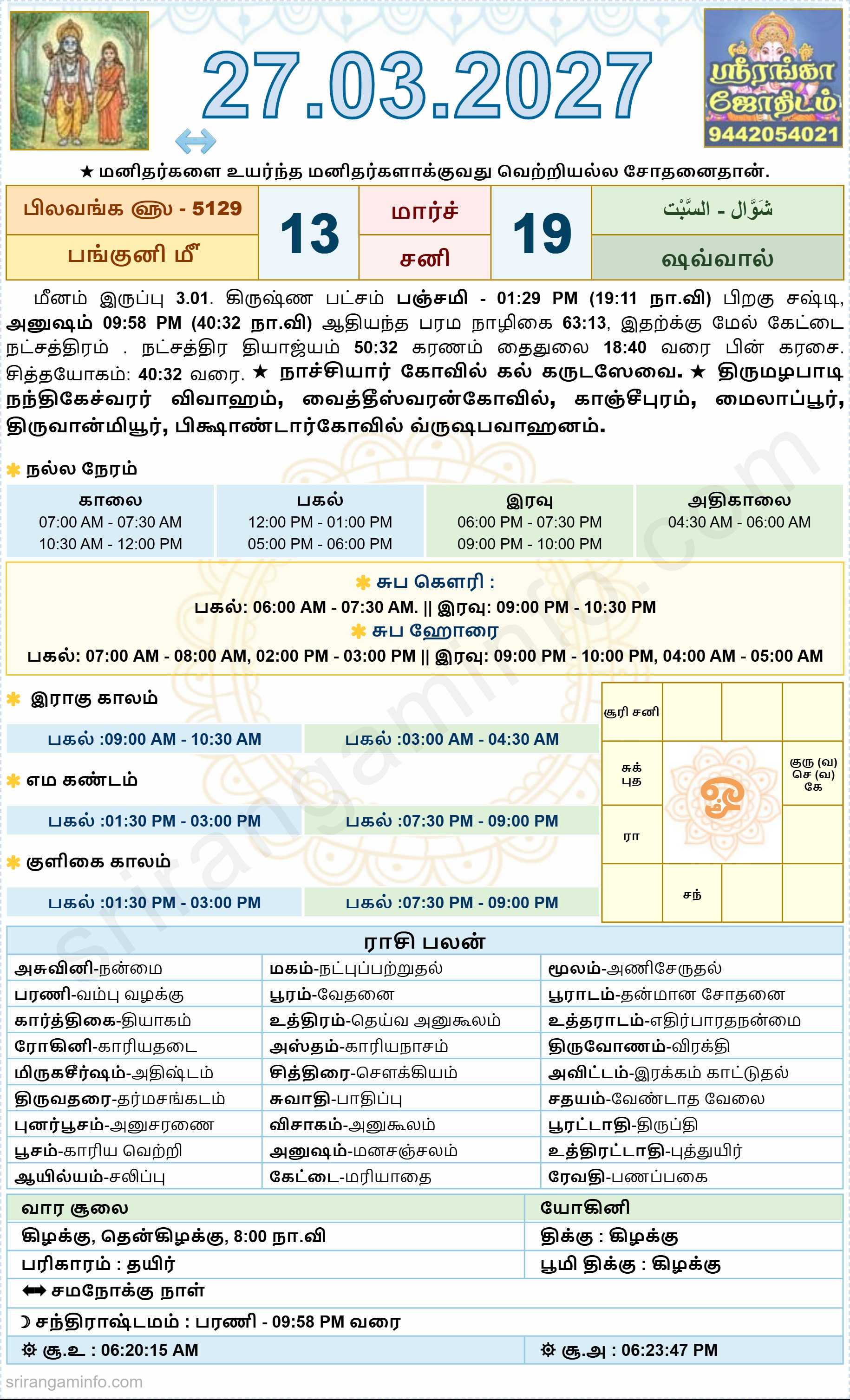Tamil daily Calendar, Tamil Calendar