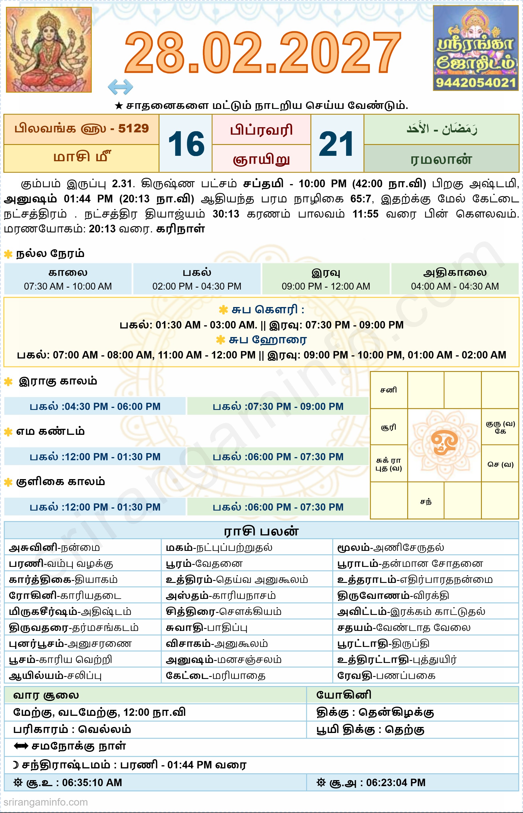Tamil daily Calendar, Tamil Calendar