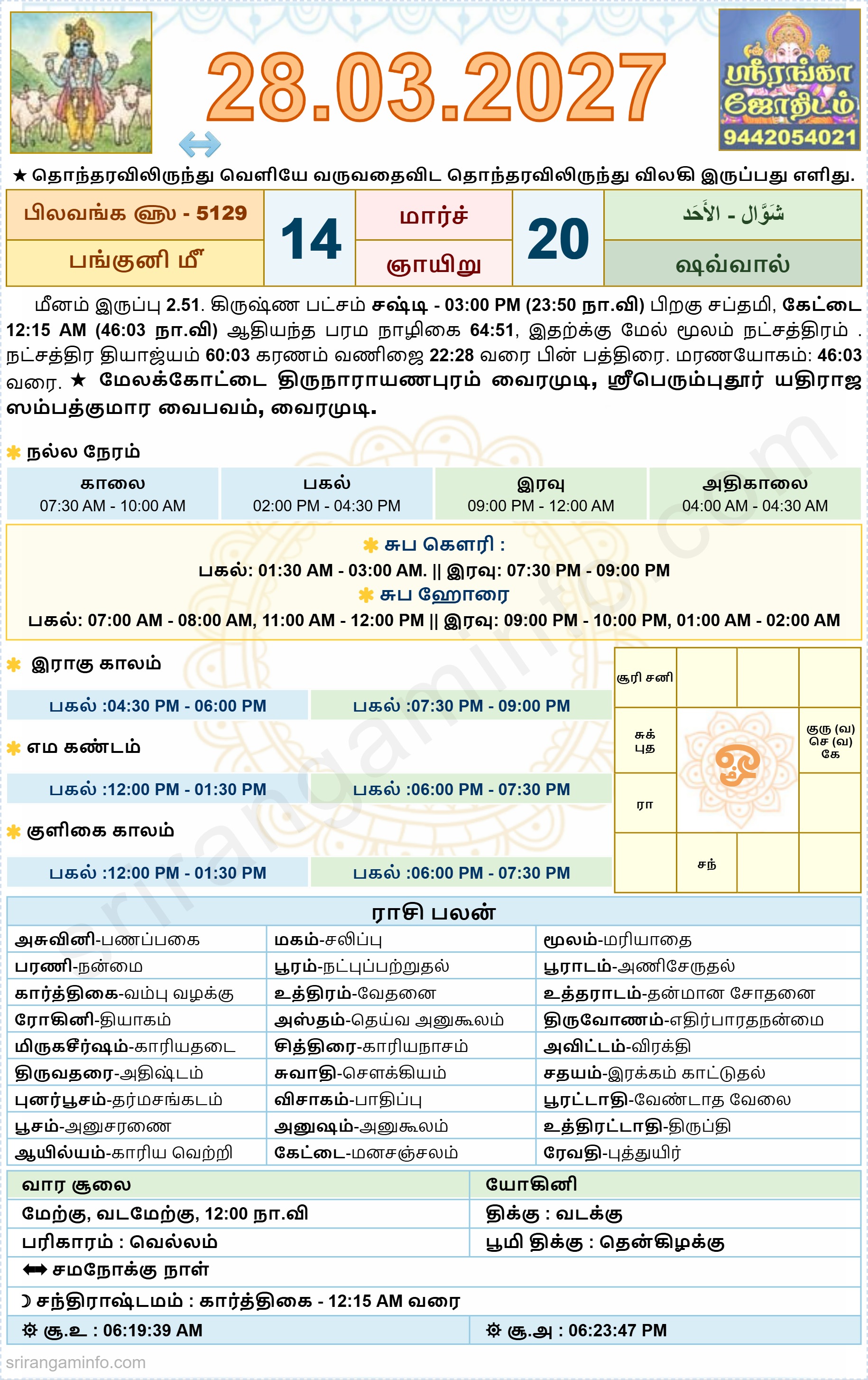 Tamil daily Calendar, Tamil Calendar