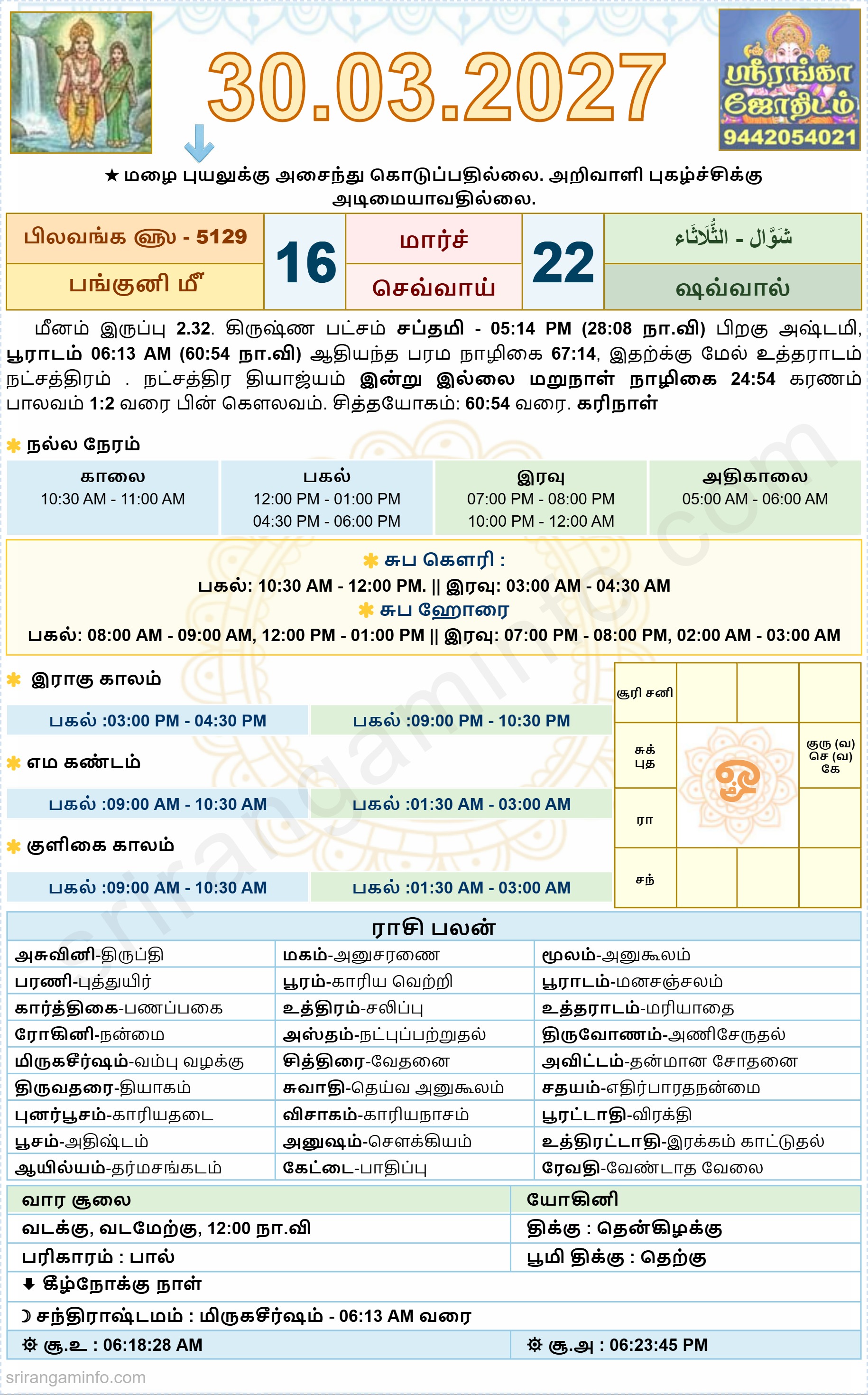Tamil daily Calendar, Tamil Calendar