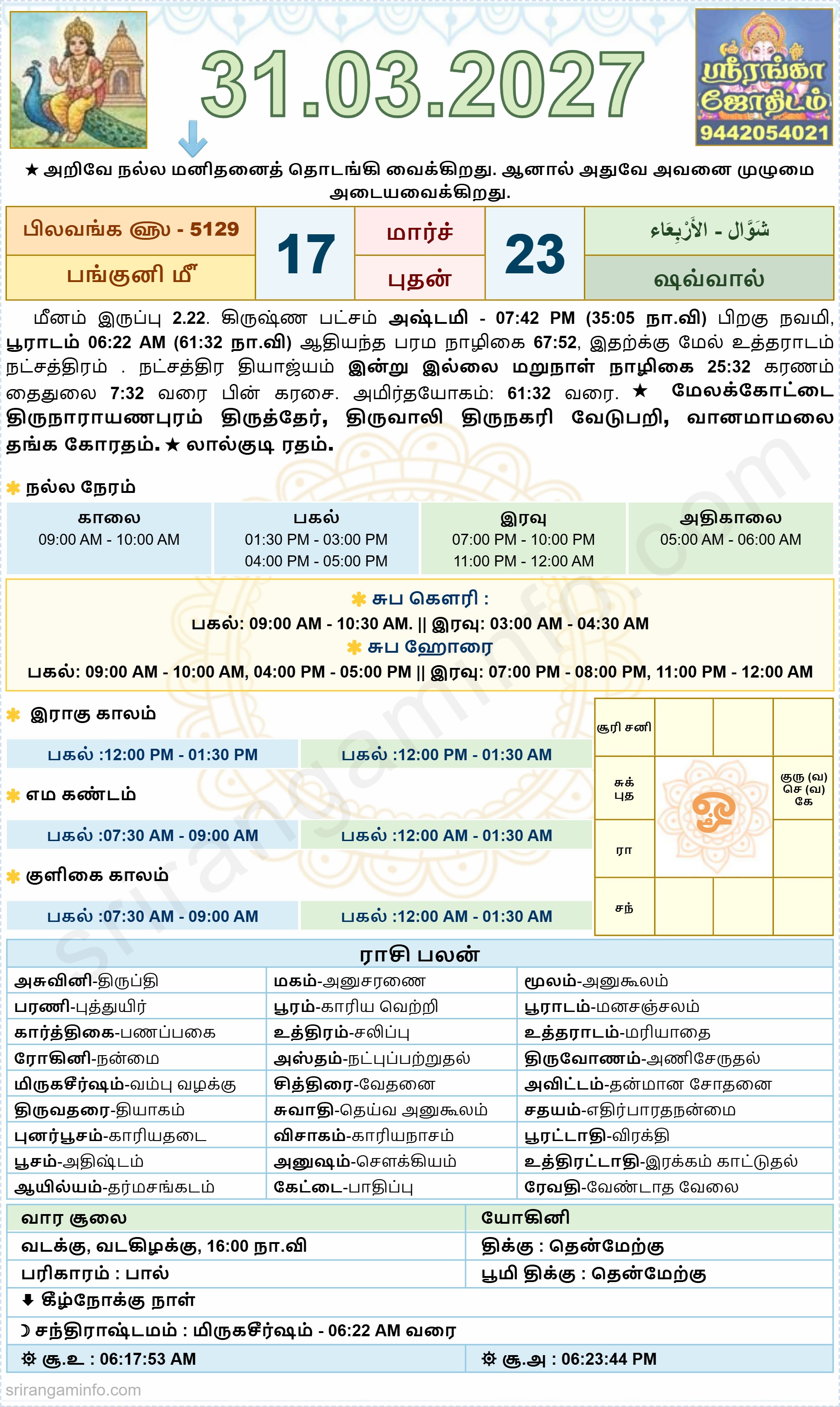 Tamil daily Calendar, Tamil Calendar